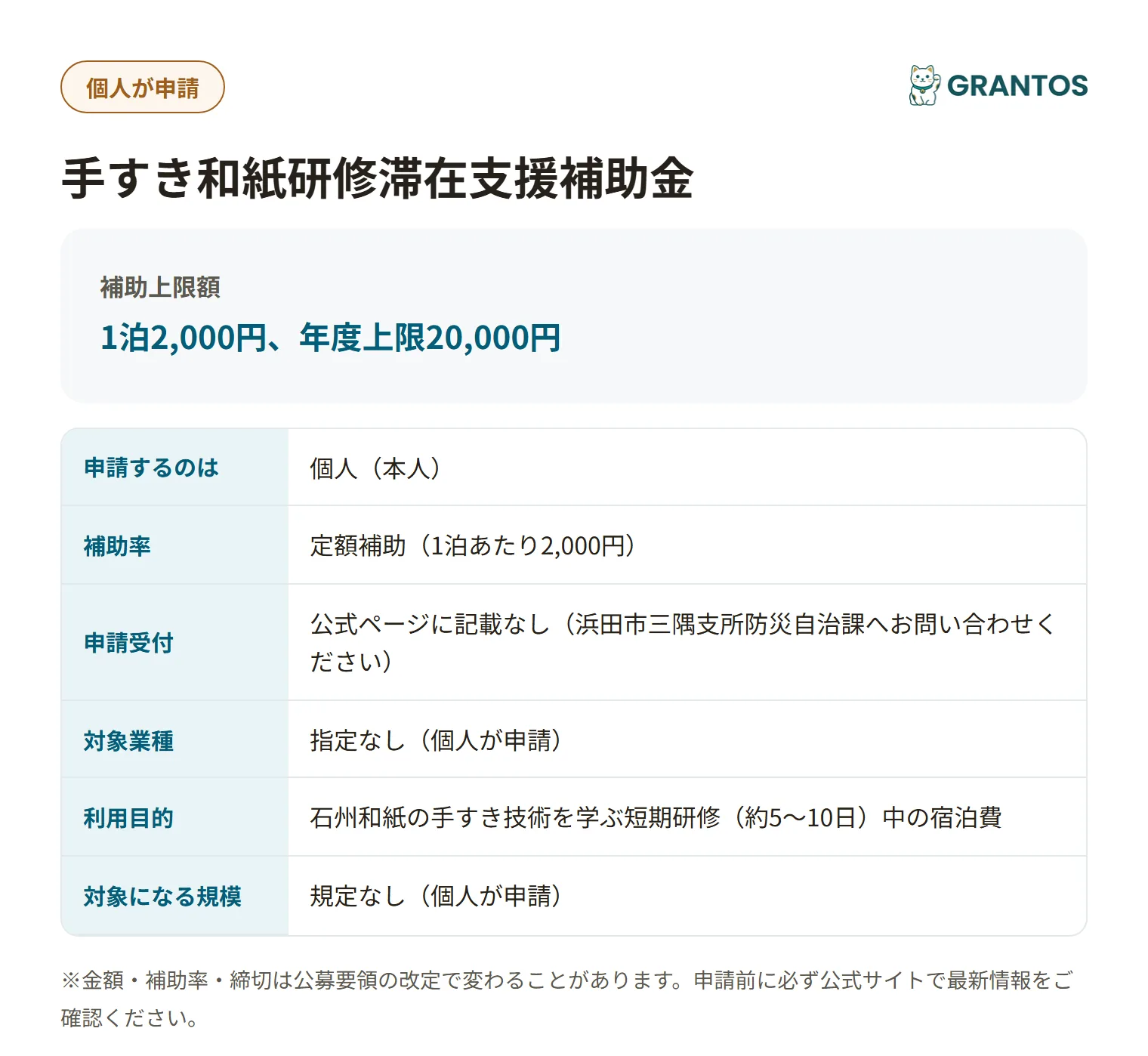 手すき和紙研修滞在支援補助金の対象・金額・締切の概要