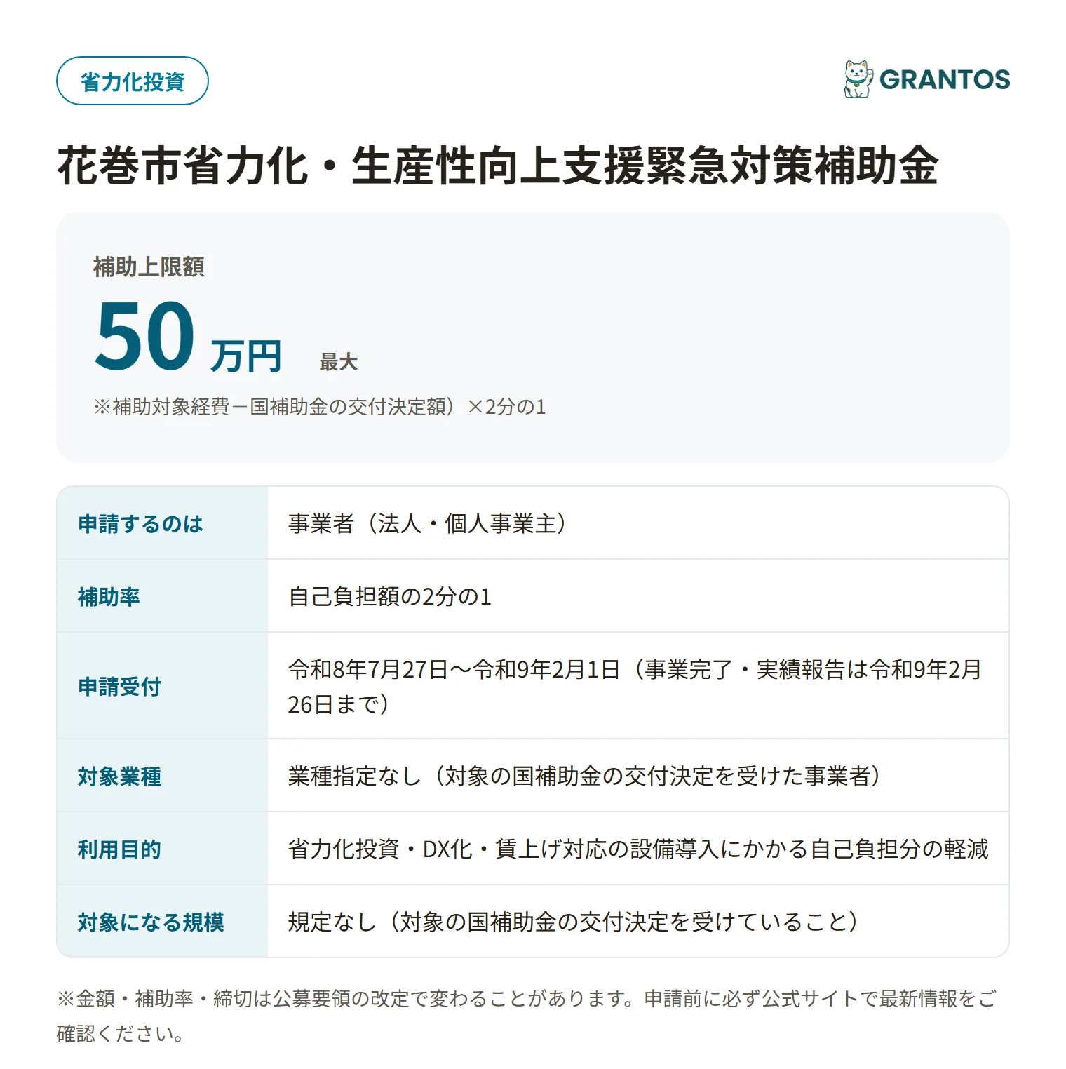 花巻市省力化・生産性向上支援緊急対策補助金の対象・金額・締切の概要