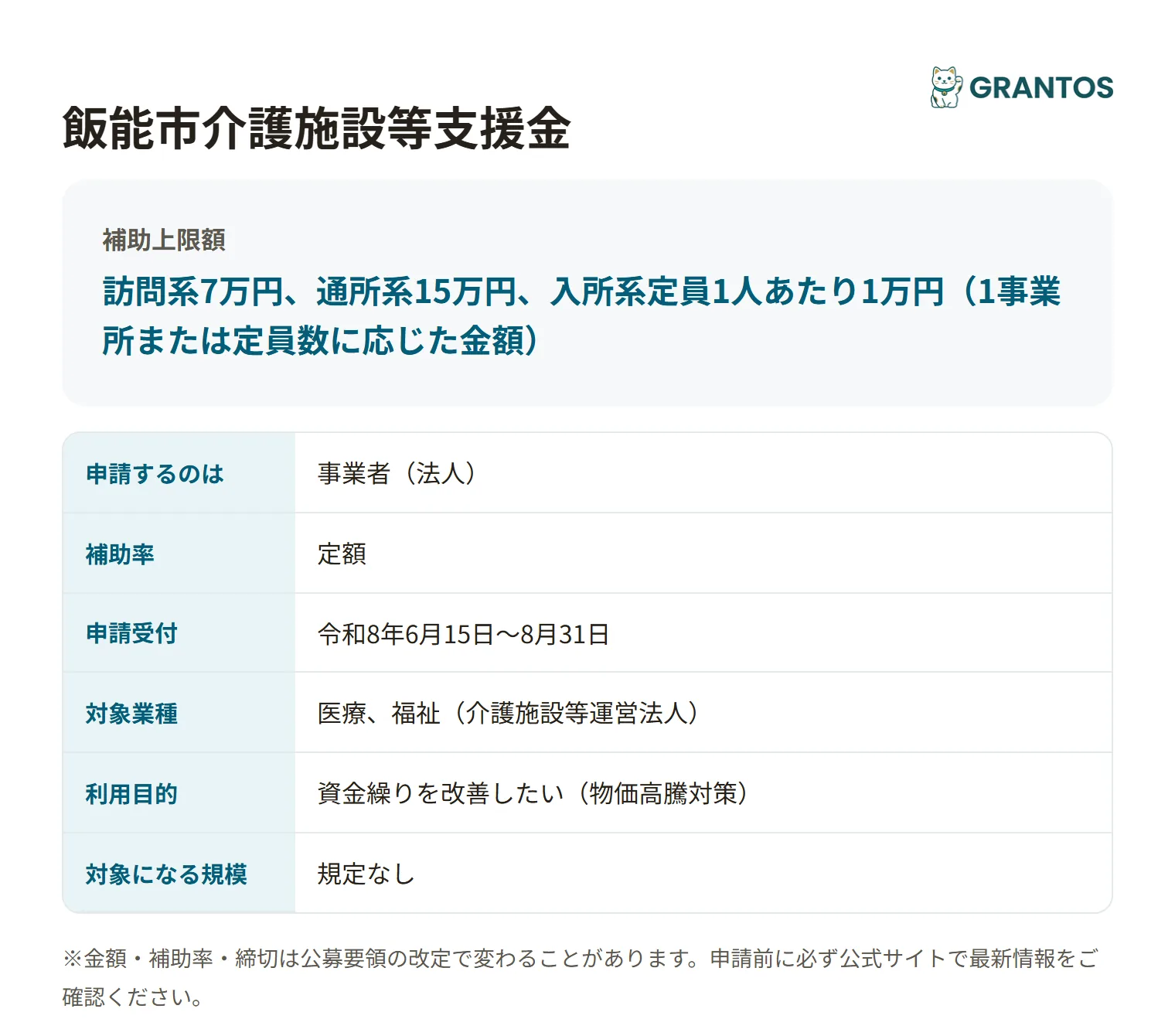 飯能市介護施設等支援金の対象・金額・締切の概要