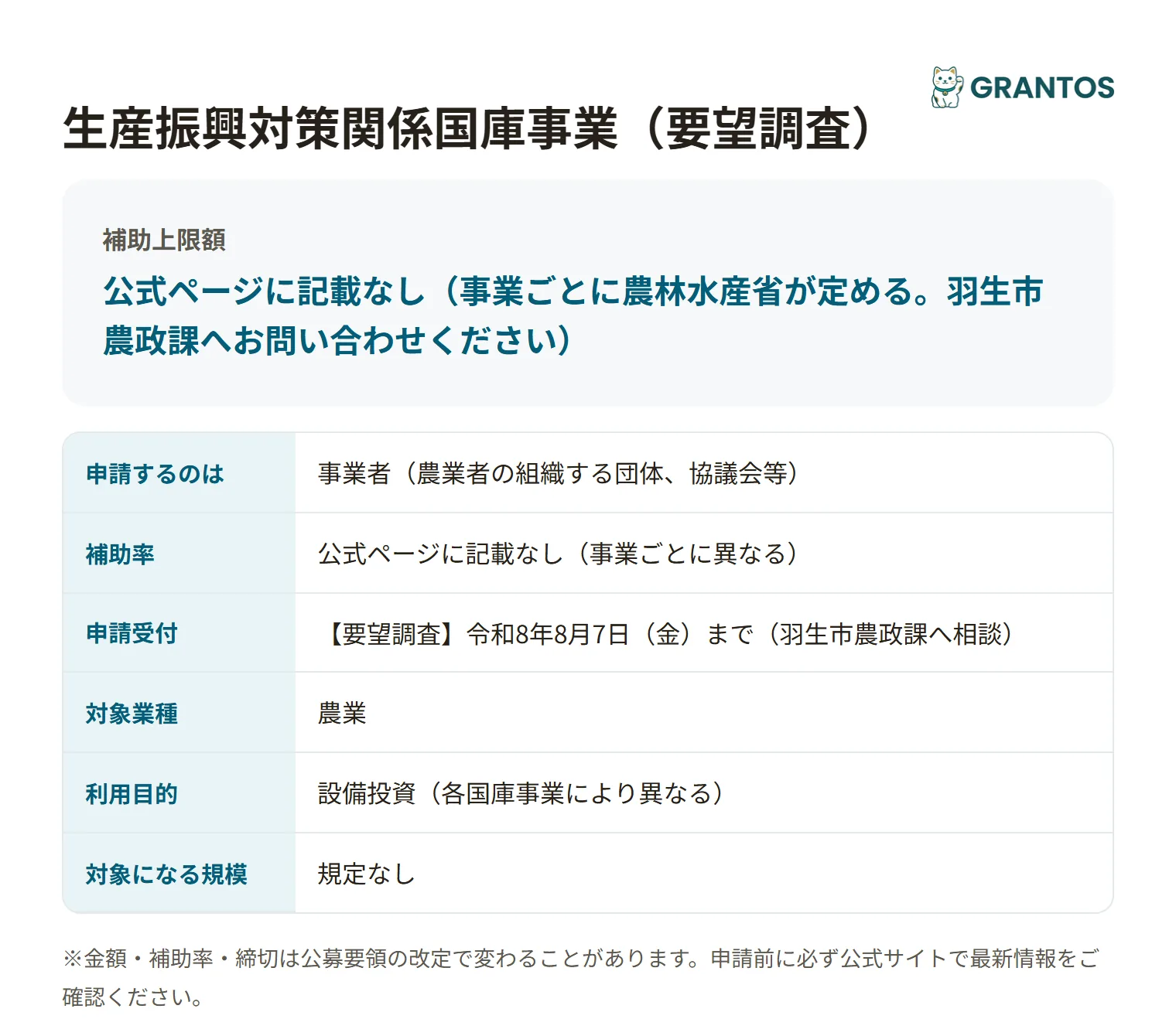 羽生市生産振興対策関係国庫事業（要望調査）の対象・金額・締切の概要
