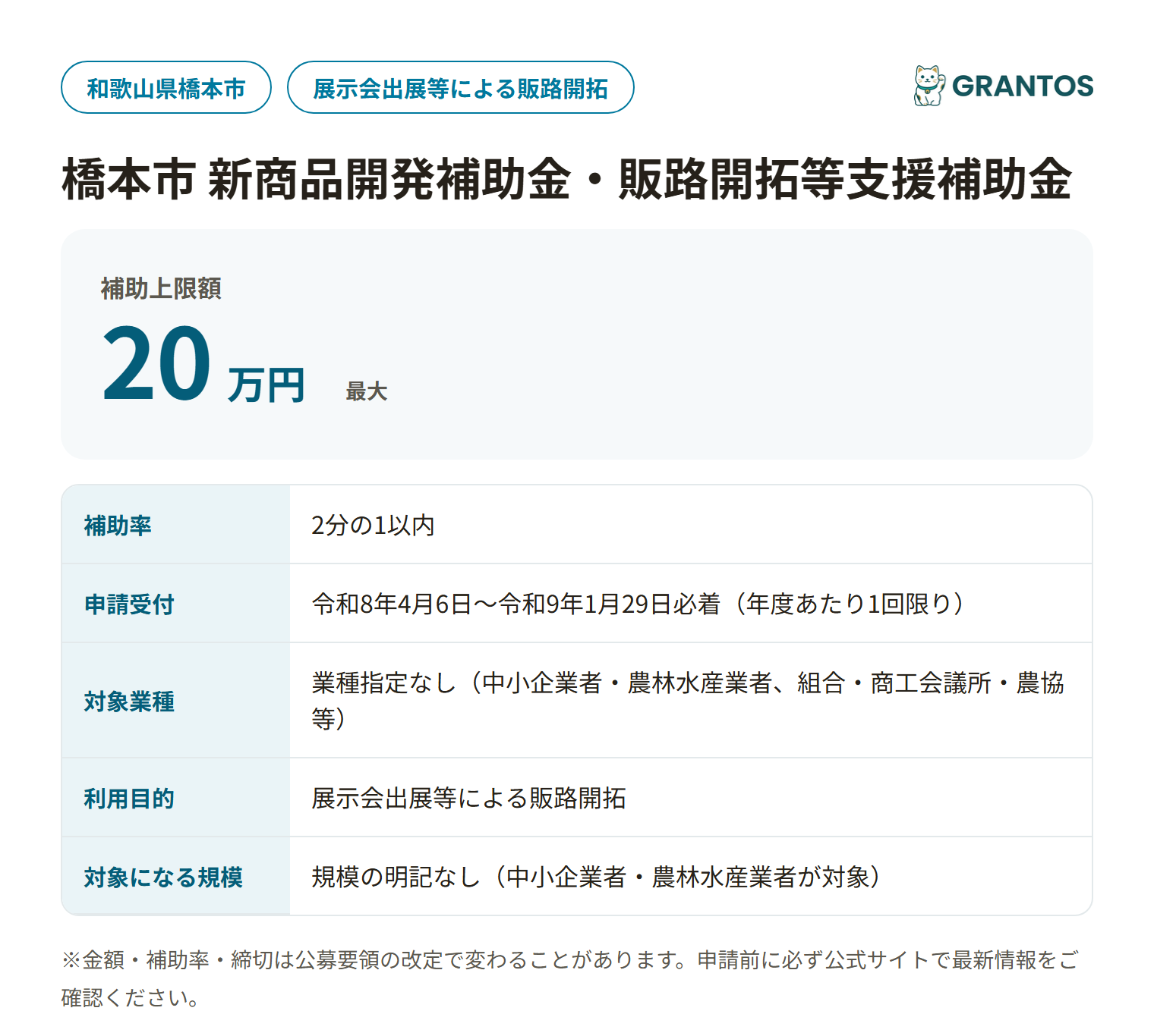 橋本市 新商品開発補助金・販路開拓等支援補助金（販路開拓事業）の対象・金額・締切の概要