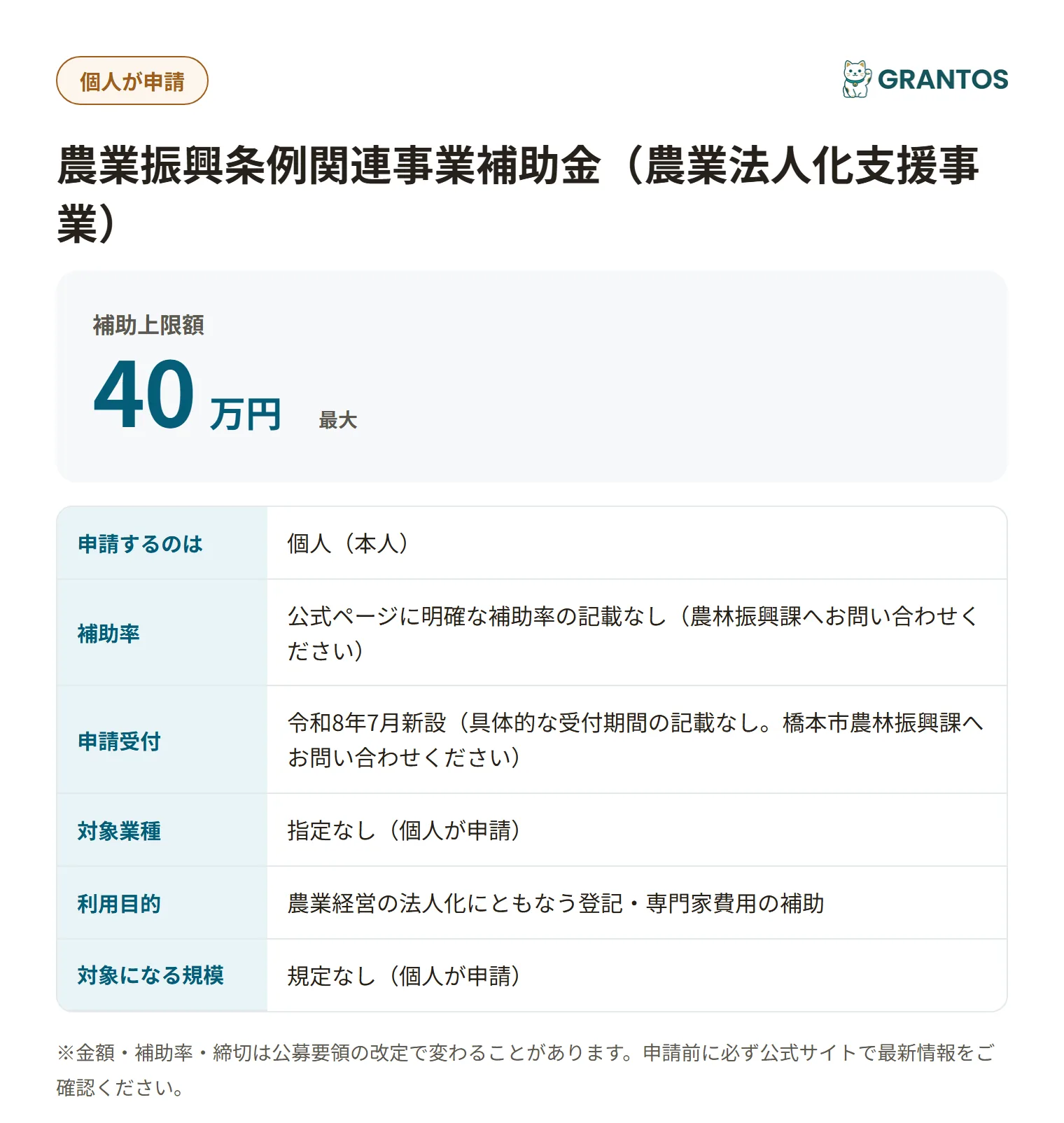 橋本市農業法人化支援事業補助金の対象・金額・締切の概要