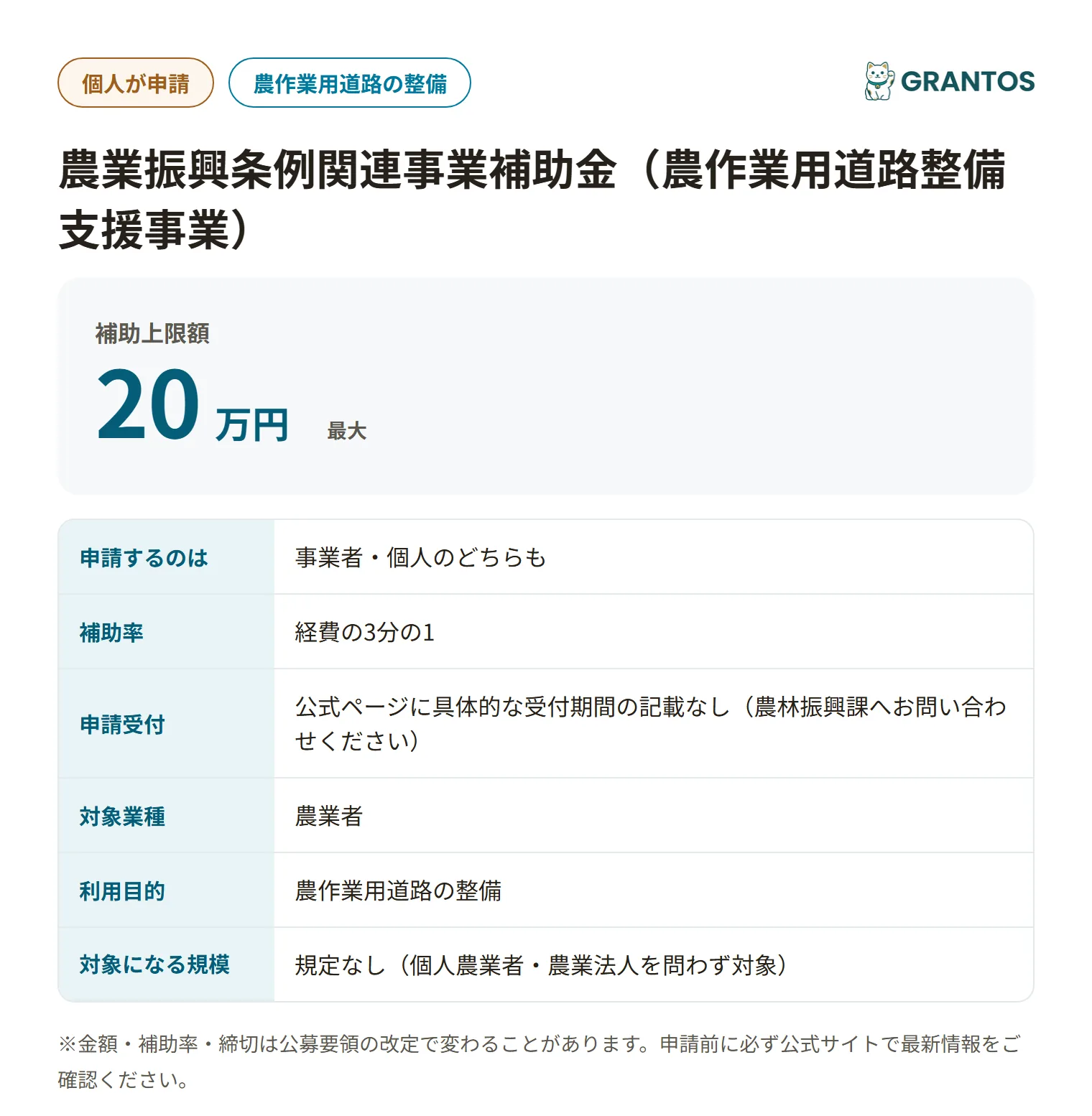 橋本市農作業用道路整備支援事業補助金の対象・金額・締切の概要