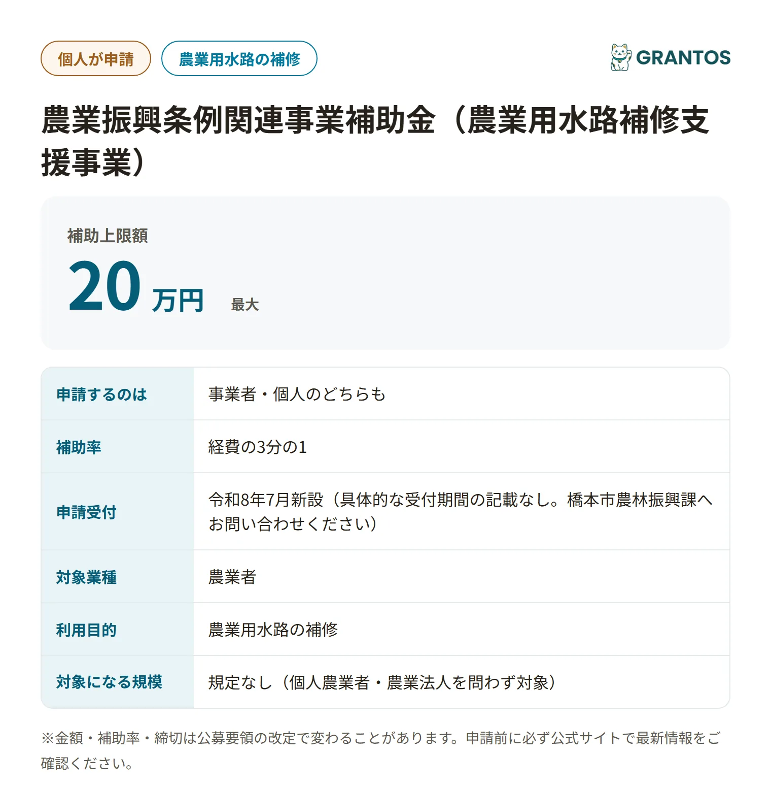 橋本市農業用水路補修支援事業補助金の対象・金額・締切の概要