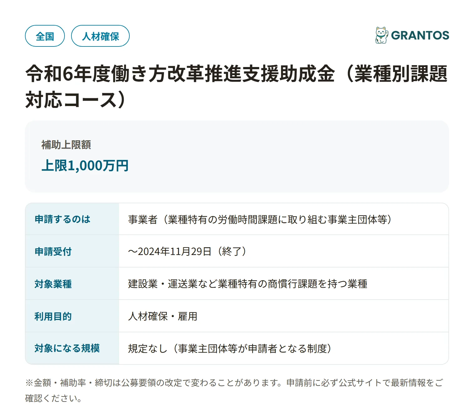 働き方改革推進支援助成金（業種別課題対応コース・令和6年度）の対象・金額・締切の概要