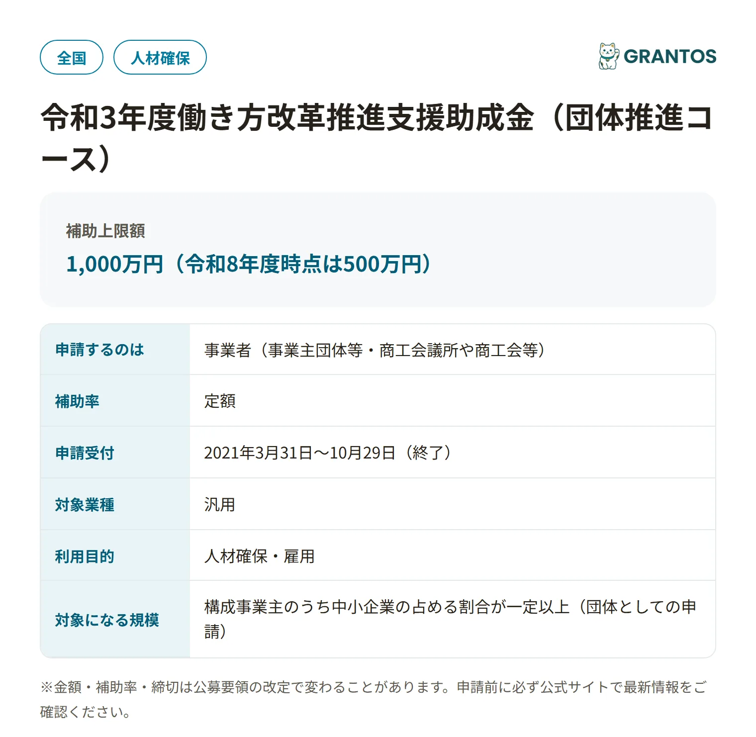 働き方改革推進支援助成金（団体推進コース）の対象・金額・締切の概要