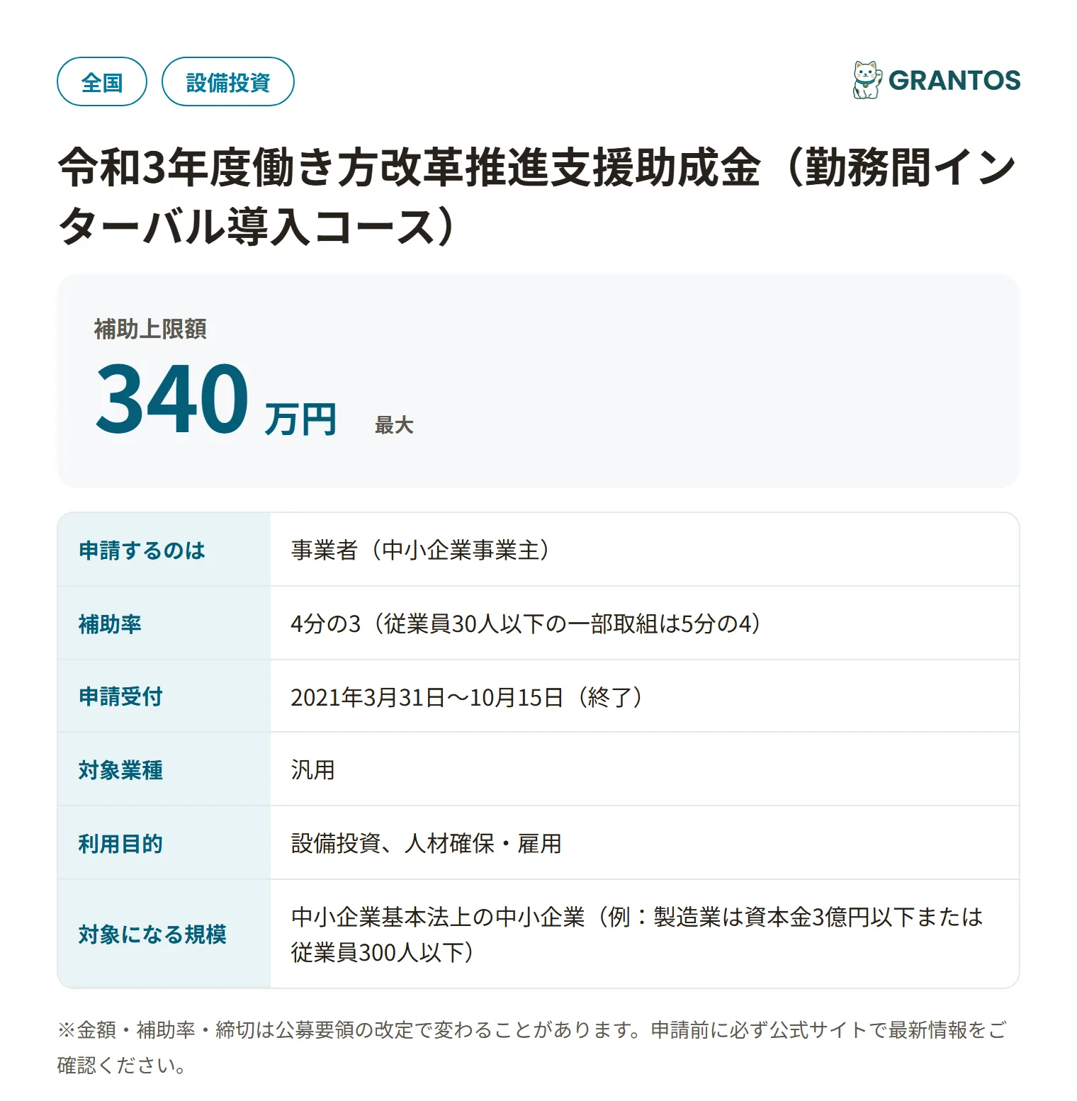 働き方改革推進支援助成金（勤務間インターバル導入コース）の対象・金額・締切の概要