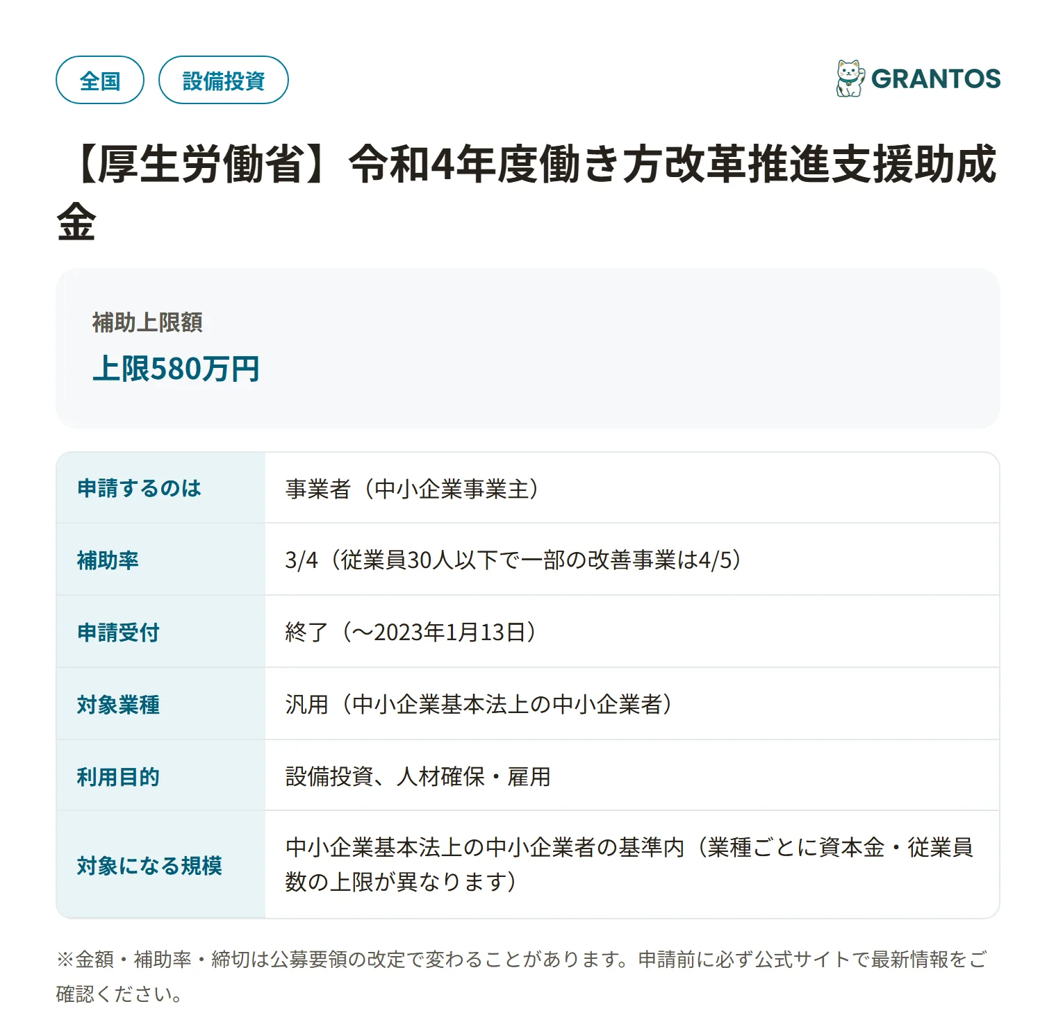 働き方改革推進支援助成金(勤務間インターバル導入コース)R4の対象・金額・締切の概要