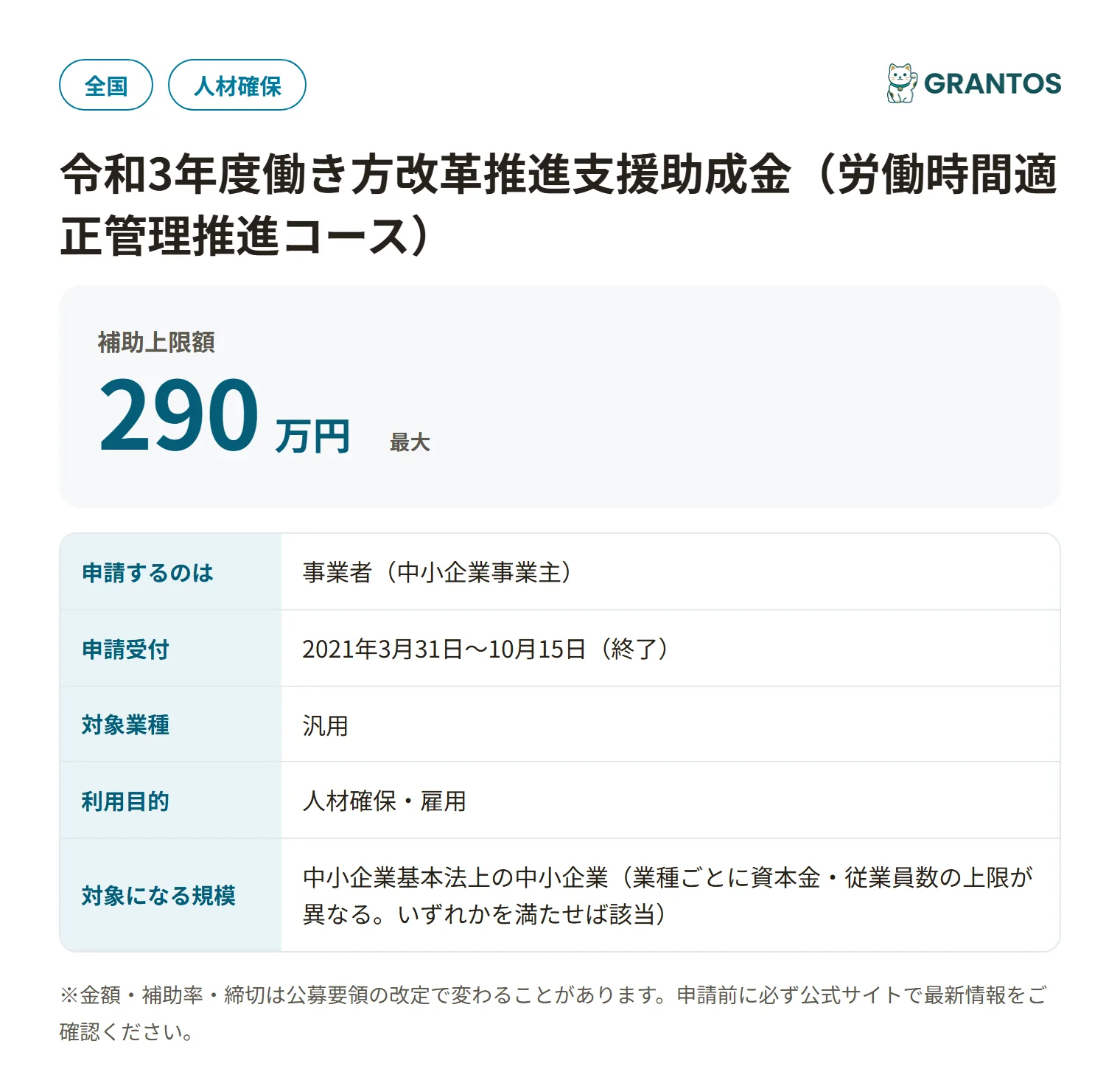 働き方改革推進支援助成金（労働時間適正管理推進コース）の対象・金額・締切の概要