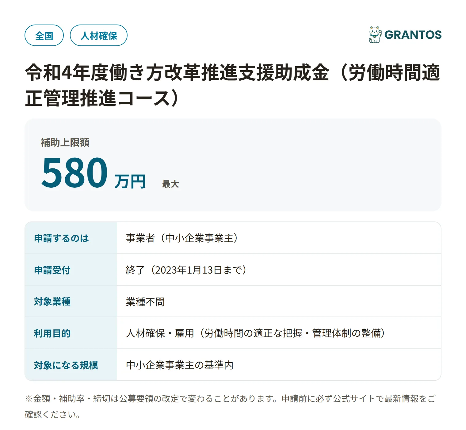 働き方改革推進支援助成金(労働時間適正管理)R4の対象・金額・締切の概要