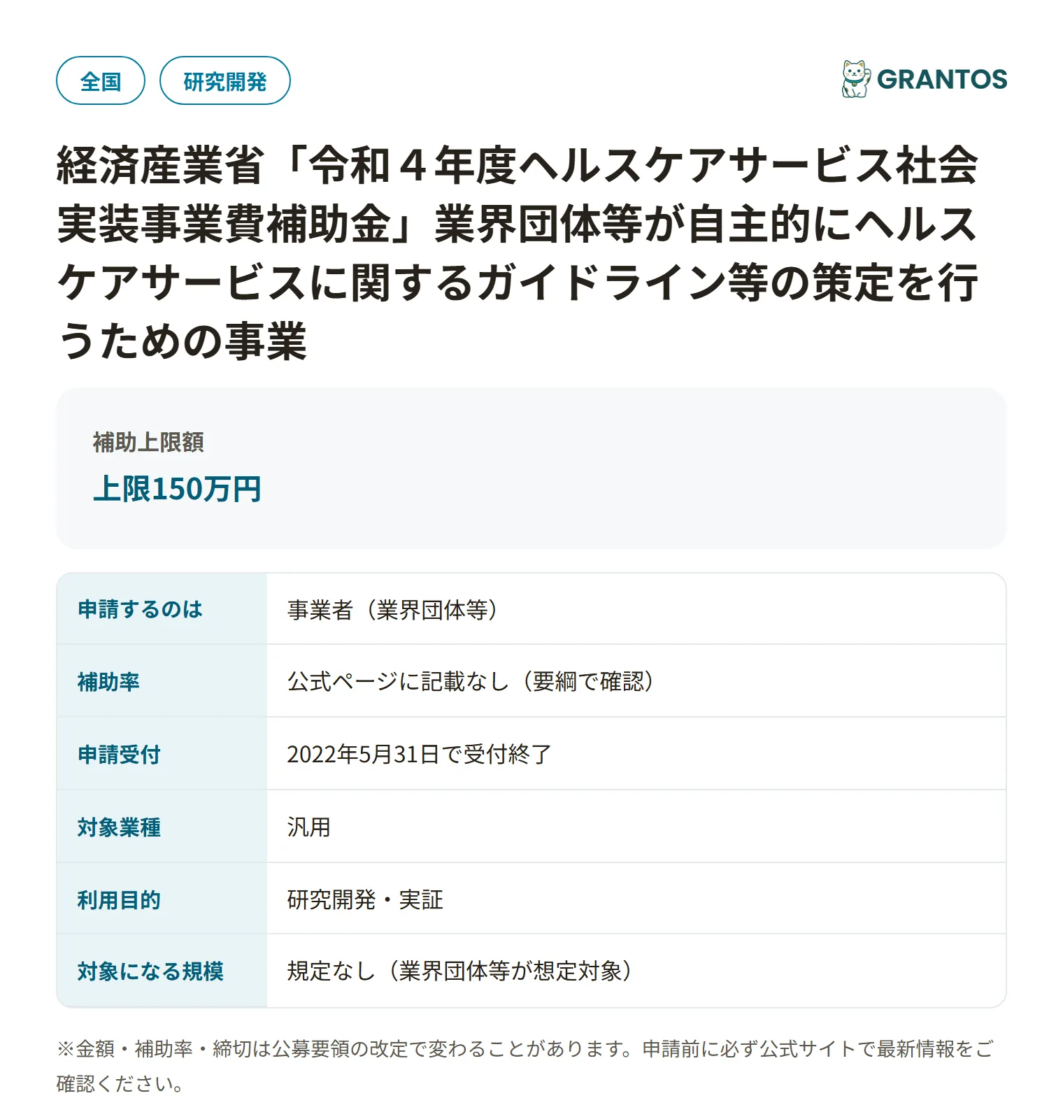 ヘルスケアガイドライン策定支援補助金の対象・金額・締切の概要
