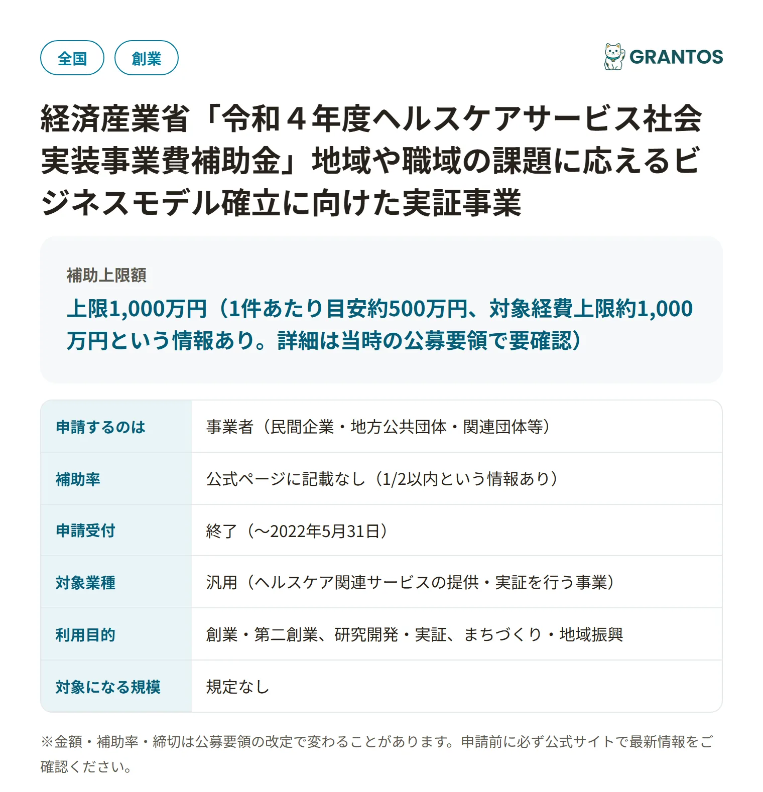 経済産業省「令和４年度ヘルスケアサービス社会実装事業費補助金」地域や職域の課題に応えるビジネスモデル確立に向けた実証事業の対象・金額・締切の概要