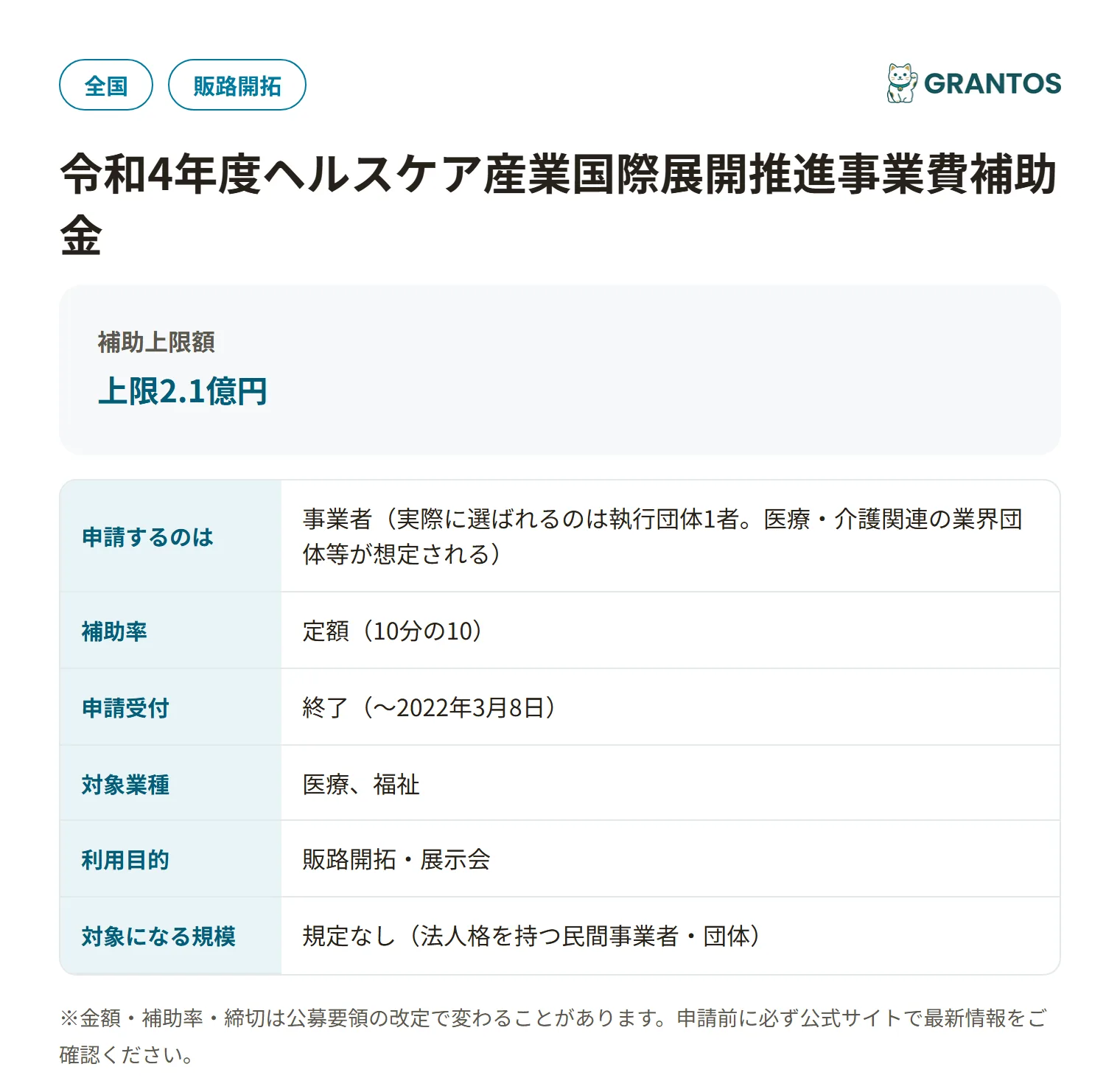 ヘルスケア産業国際展開補助金の対象・金額・締切の概要