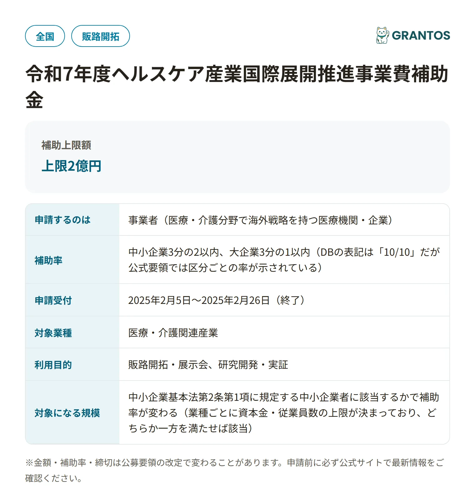 ヘルスケア産業国際展開推進事業費補助金（令和7年度）の対象・金額・締切の概要