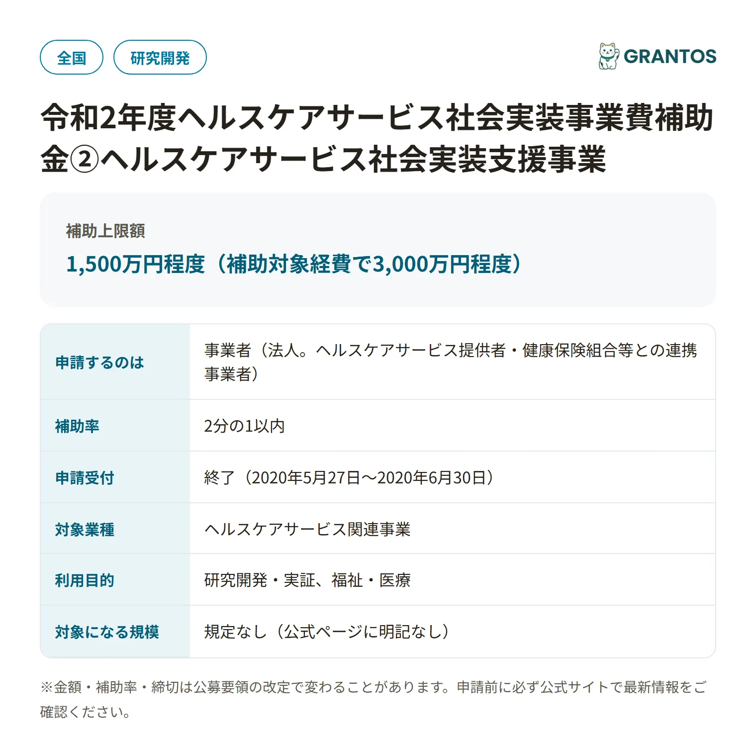 ヘルスケアサービス社会実装支援②の対象・金額・締切の概要