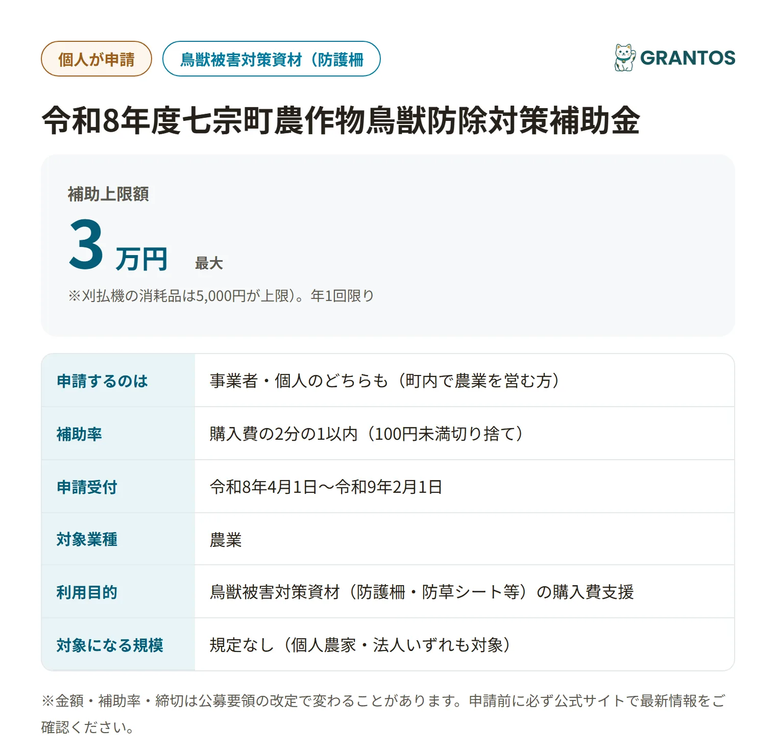 七宗町農作物鳥獣防除対策補助金の対象・金額・締切の概要