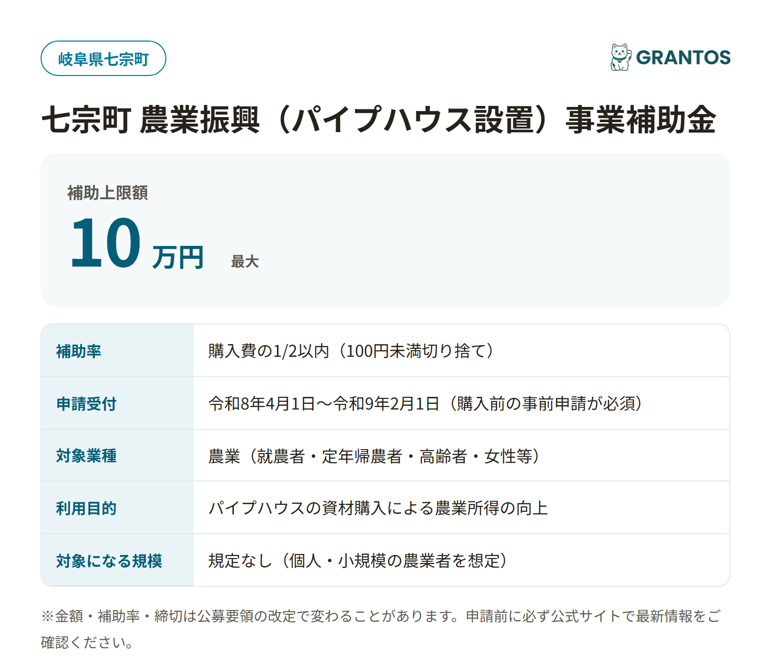 七宗町農業振興（パイプハウス設置）事業補助金の対象・金額・締切の概要