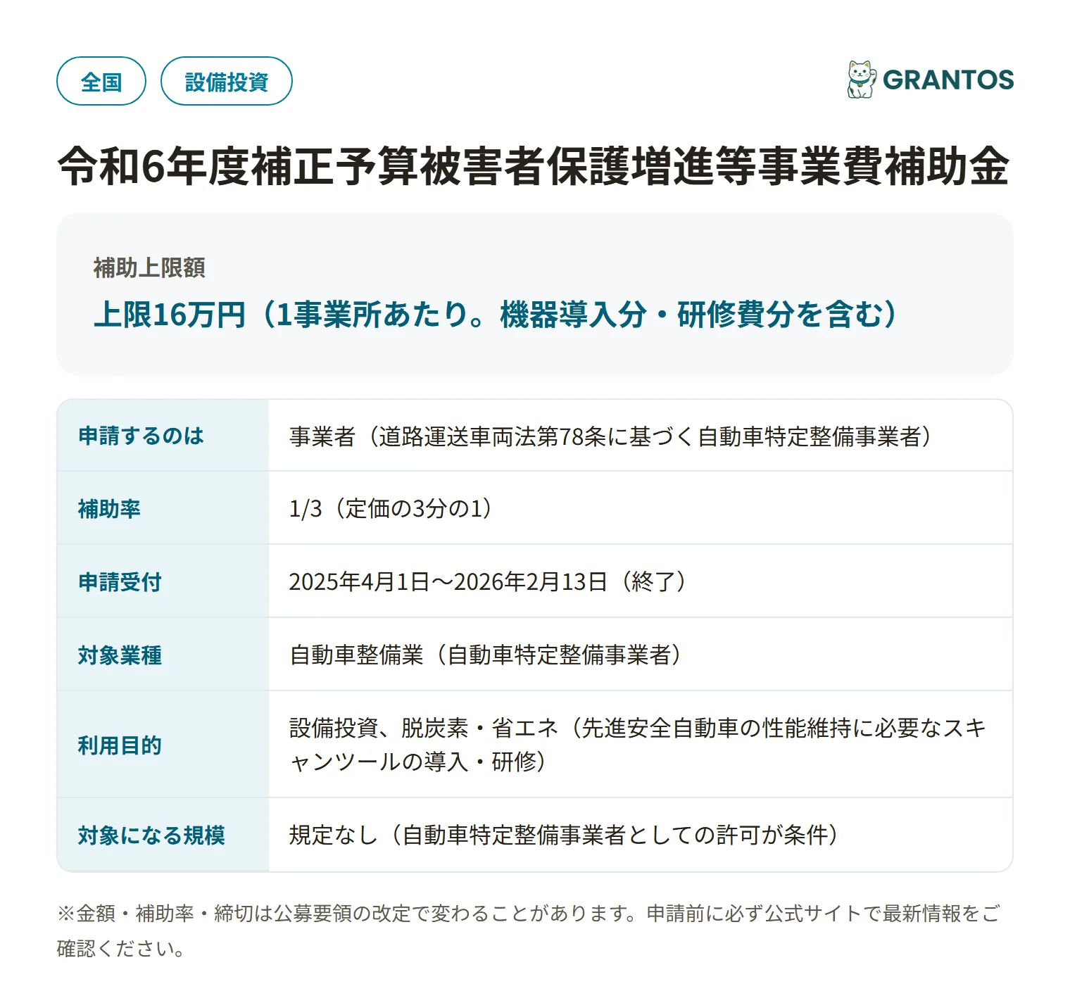 被害者保護増進等事業費補助金（先進安全自動車の整備環境の確保）の対象・金額・締切の概要