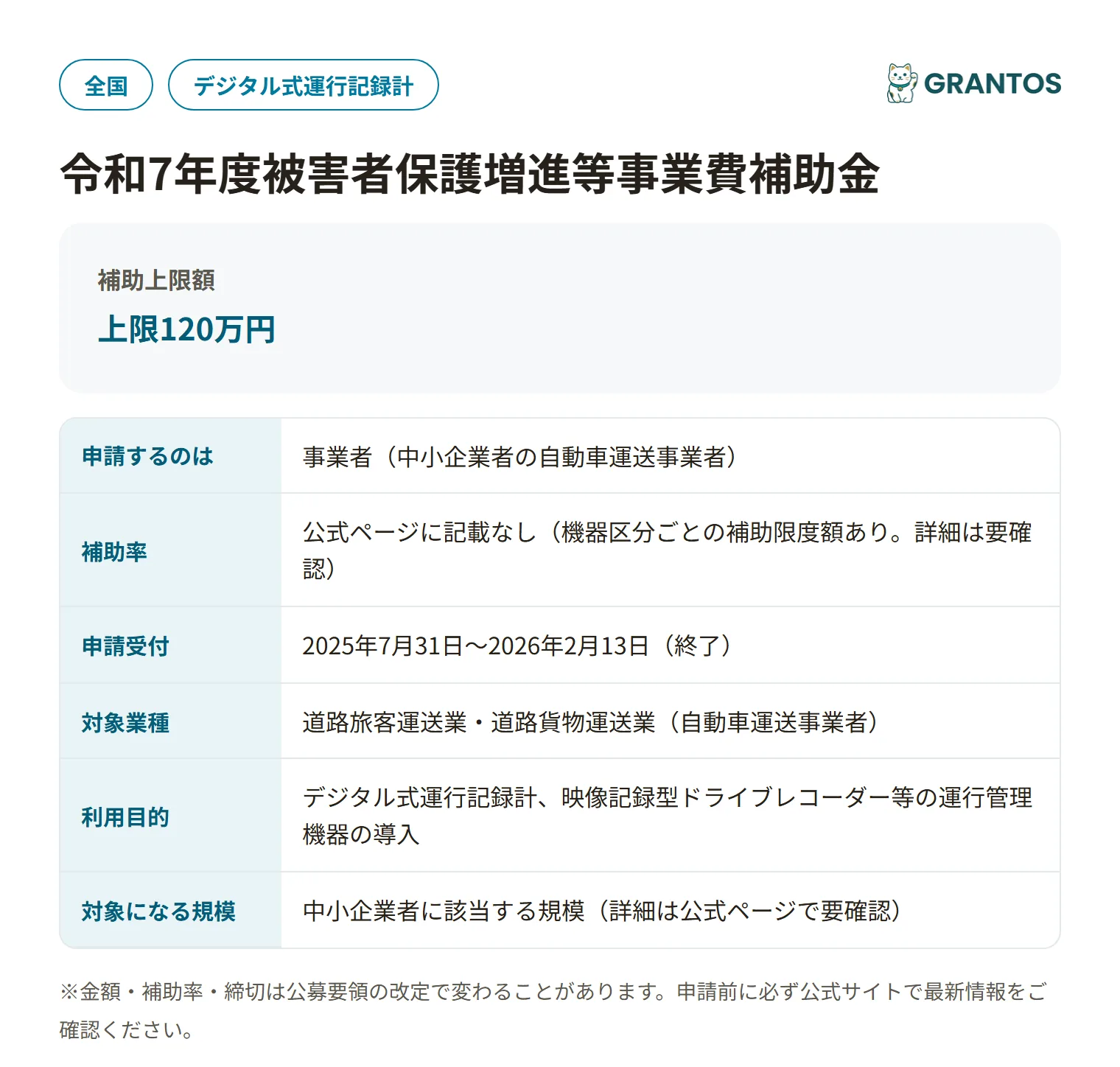 被害者保護増進等事業費補助金（運行管理の高度化に対する支援）の対象・金額・締切の概要