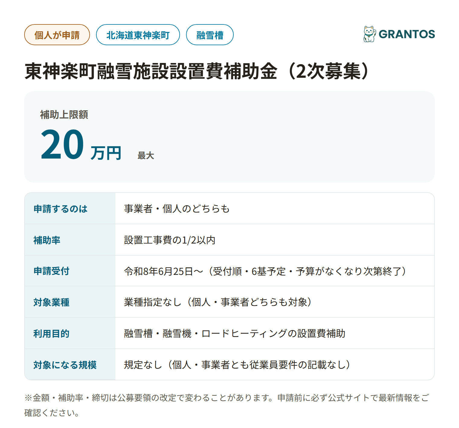 東神楽町融雪施設設置費補助金の対象・金額・締切の概要