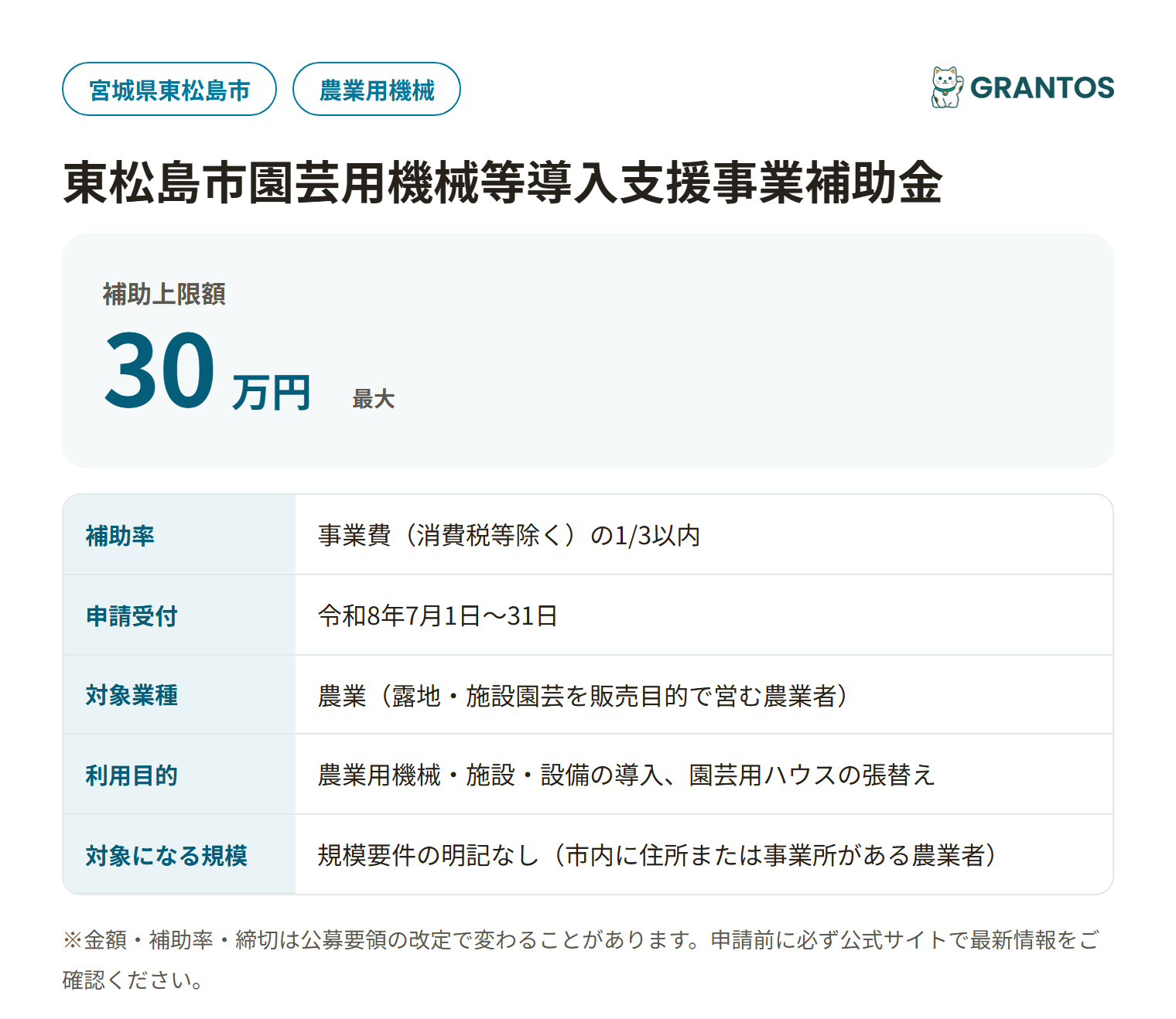 東松島市園芸用機械等導入支援事業補助金の対象・金額・締切の概要