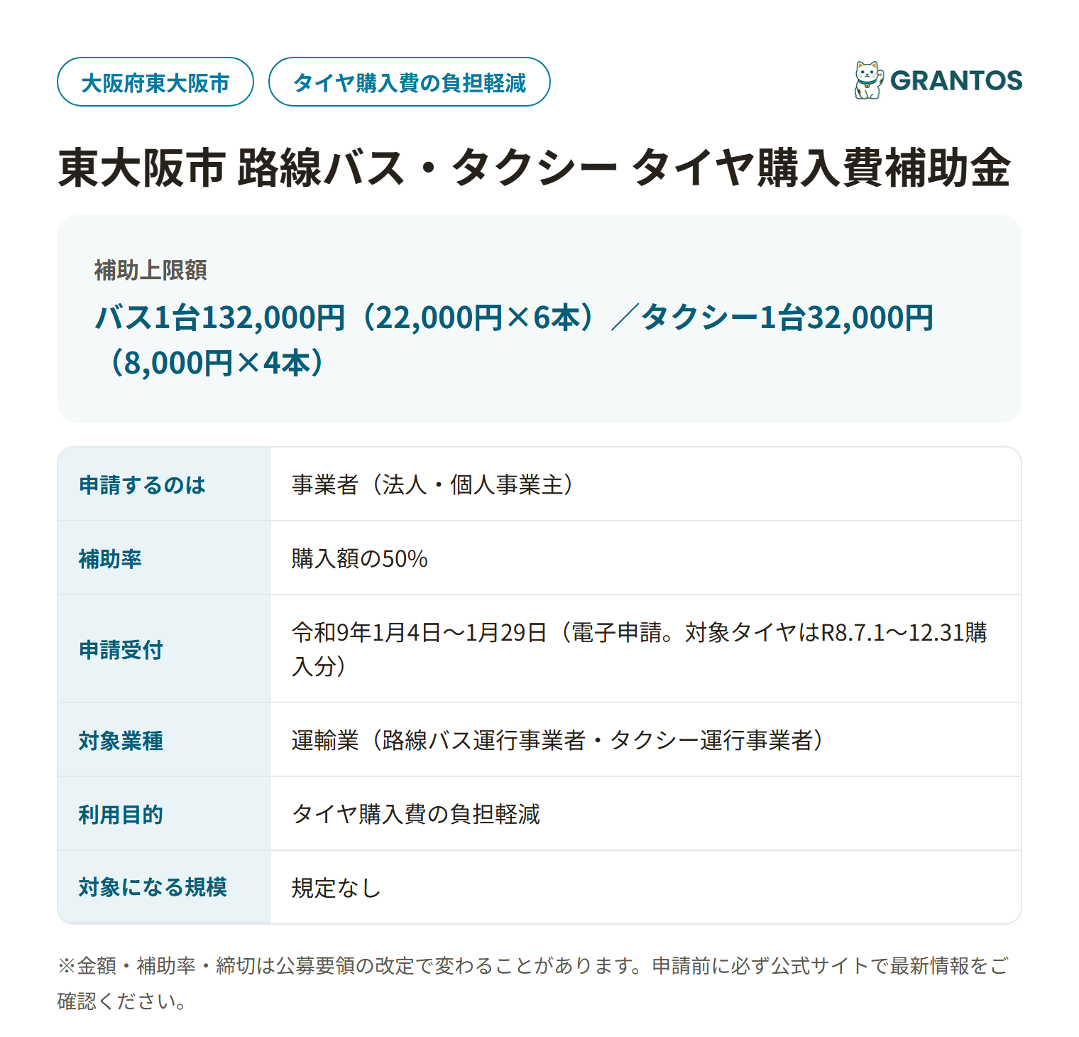 東大阪市路線バス・タクシー タイヤ購入費補助金の対象・金額・締切の概要