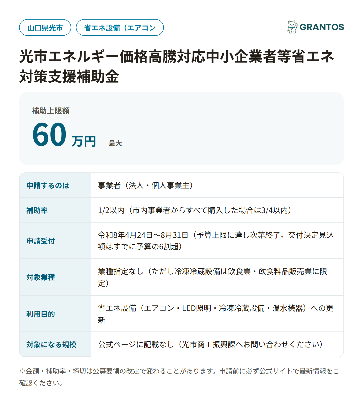 光市エネルギー価格高騰対応中小企業者等省エネ対策支援補助金の対象・金額・締切の概要
