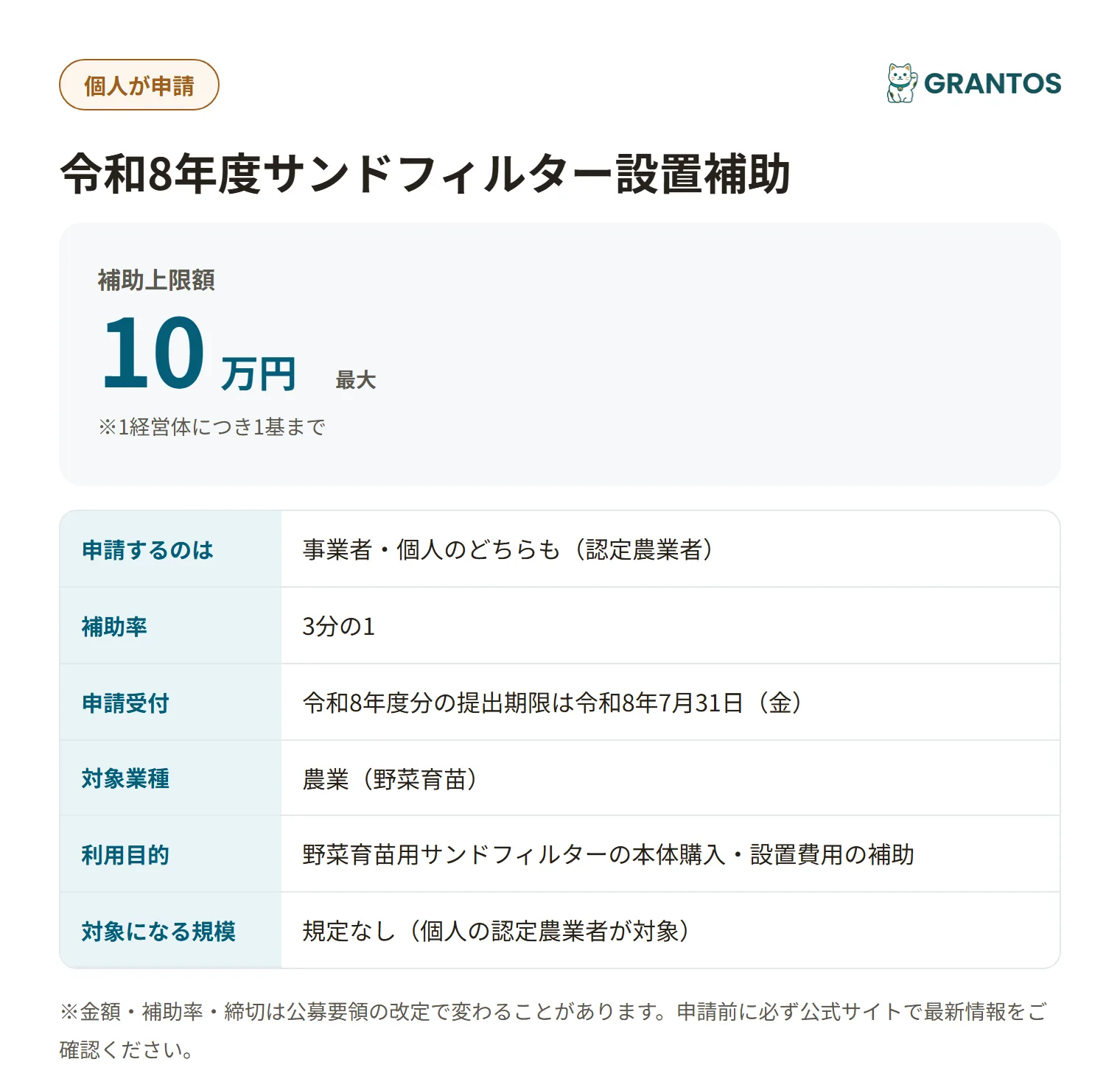 サンドフィルター設置補助の対象・金額・締切の概要