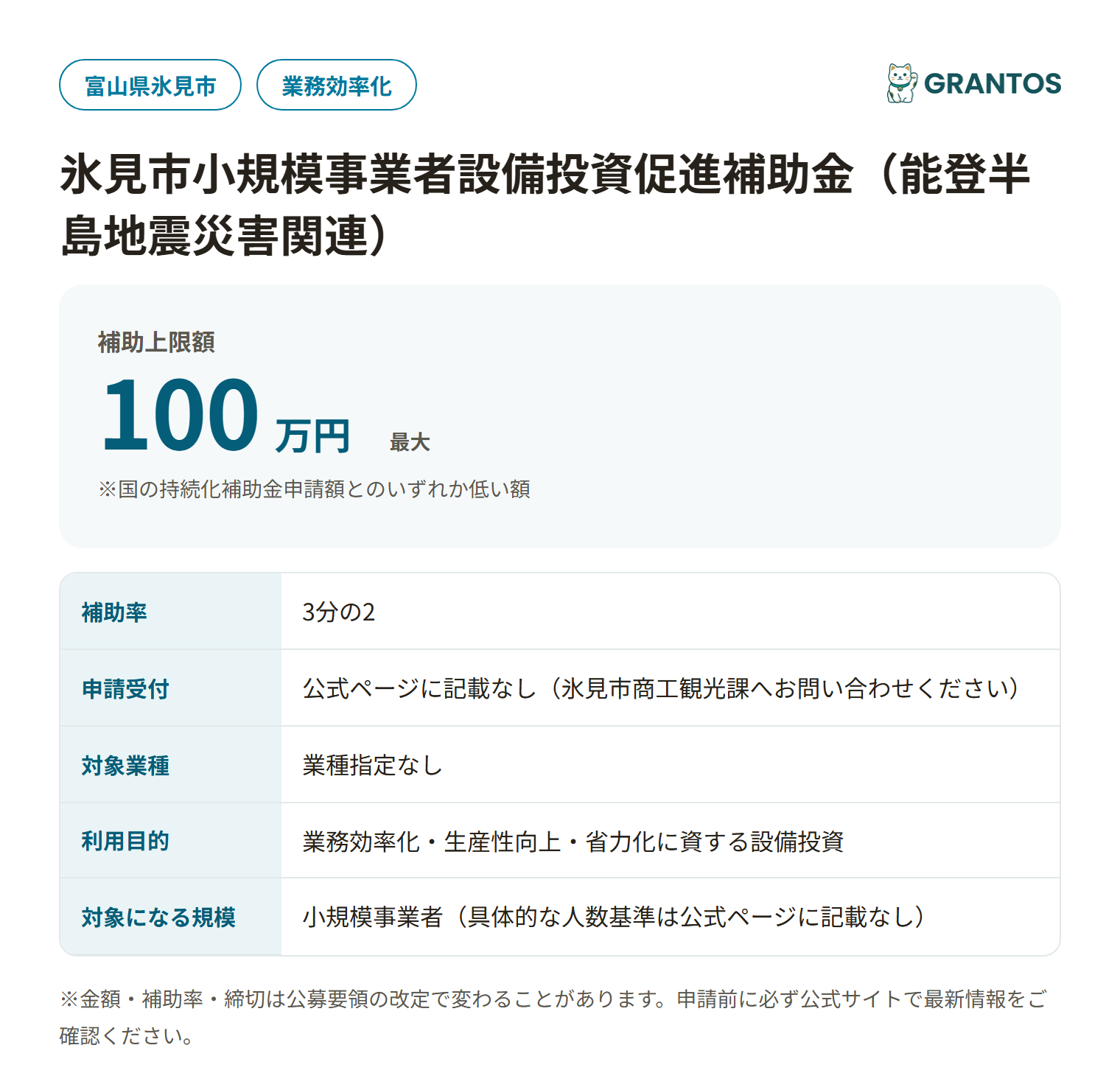 氷見市小規模事業者設備投資促進補助金の対象・金額・締切の概要
