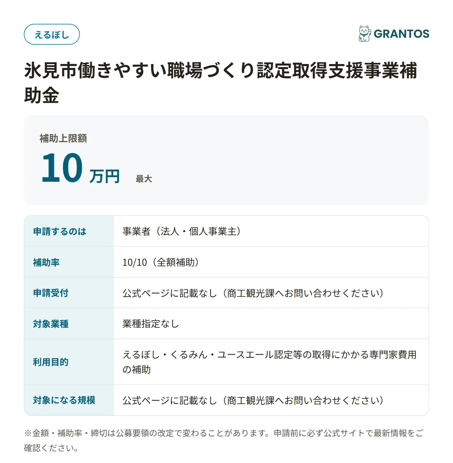 氷見市働きやすい職場づくり認定取得支援事業補助金の対象・金額・締切の概要