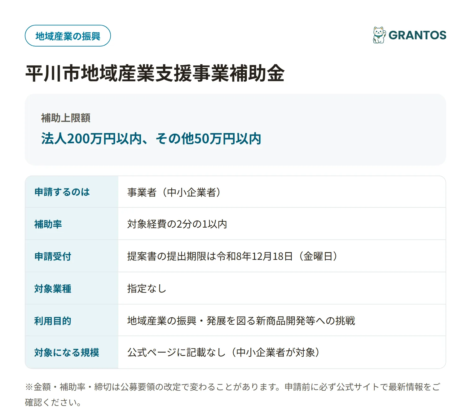 平川市地域産業支援事業補助金の対象・金額・締切の概要