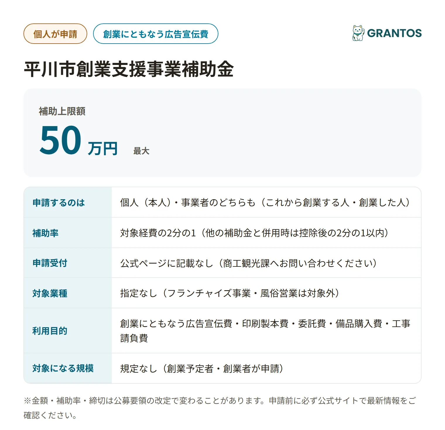 平川市創業支援事業補助金の対象・金額・締切の概要