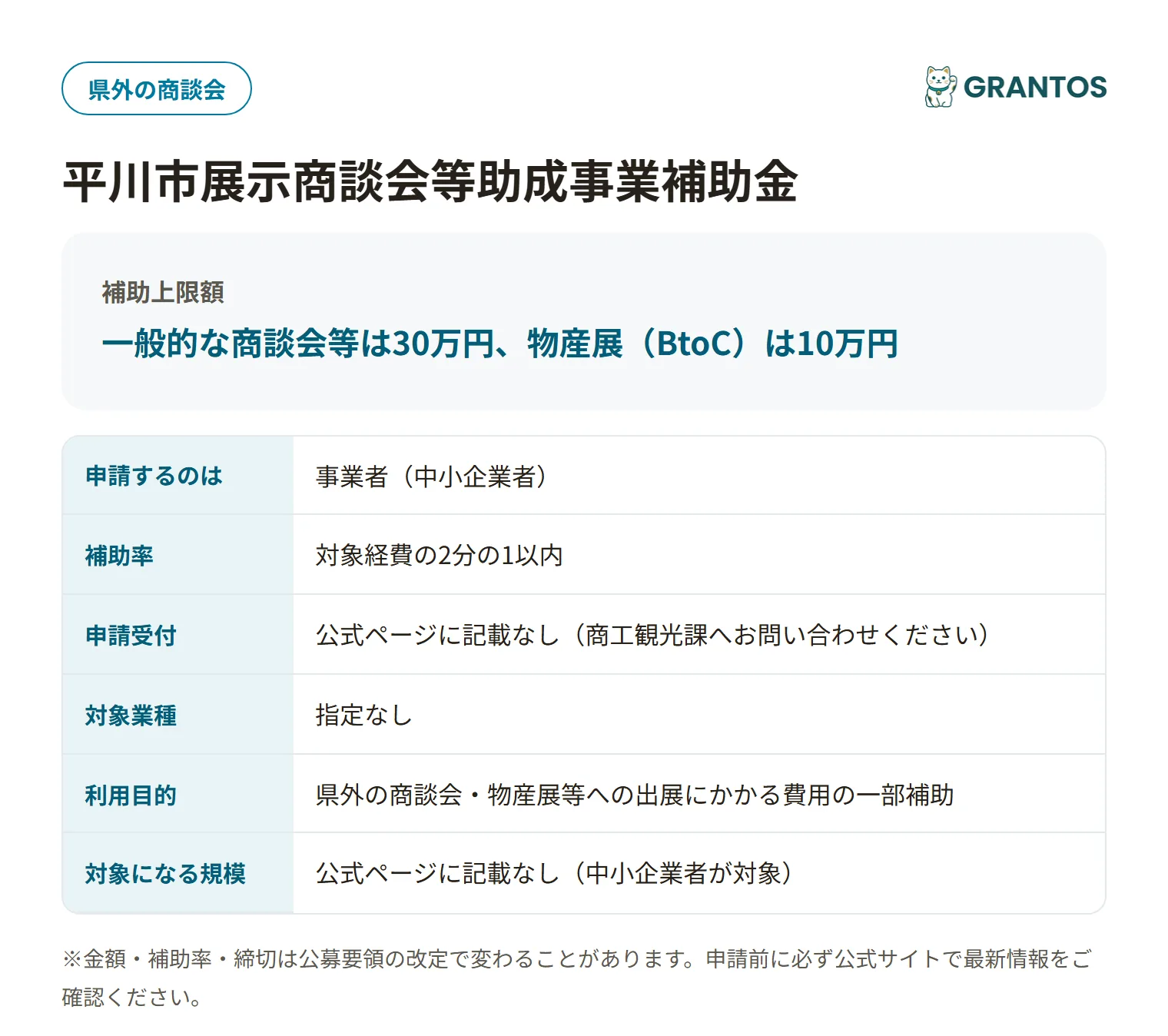 平川市展示商談会等助成事業補助金の対象・金額・締切の概要