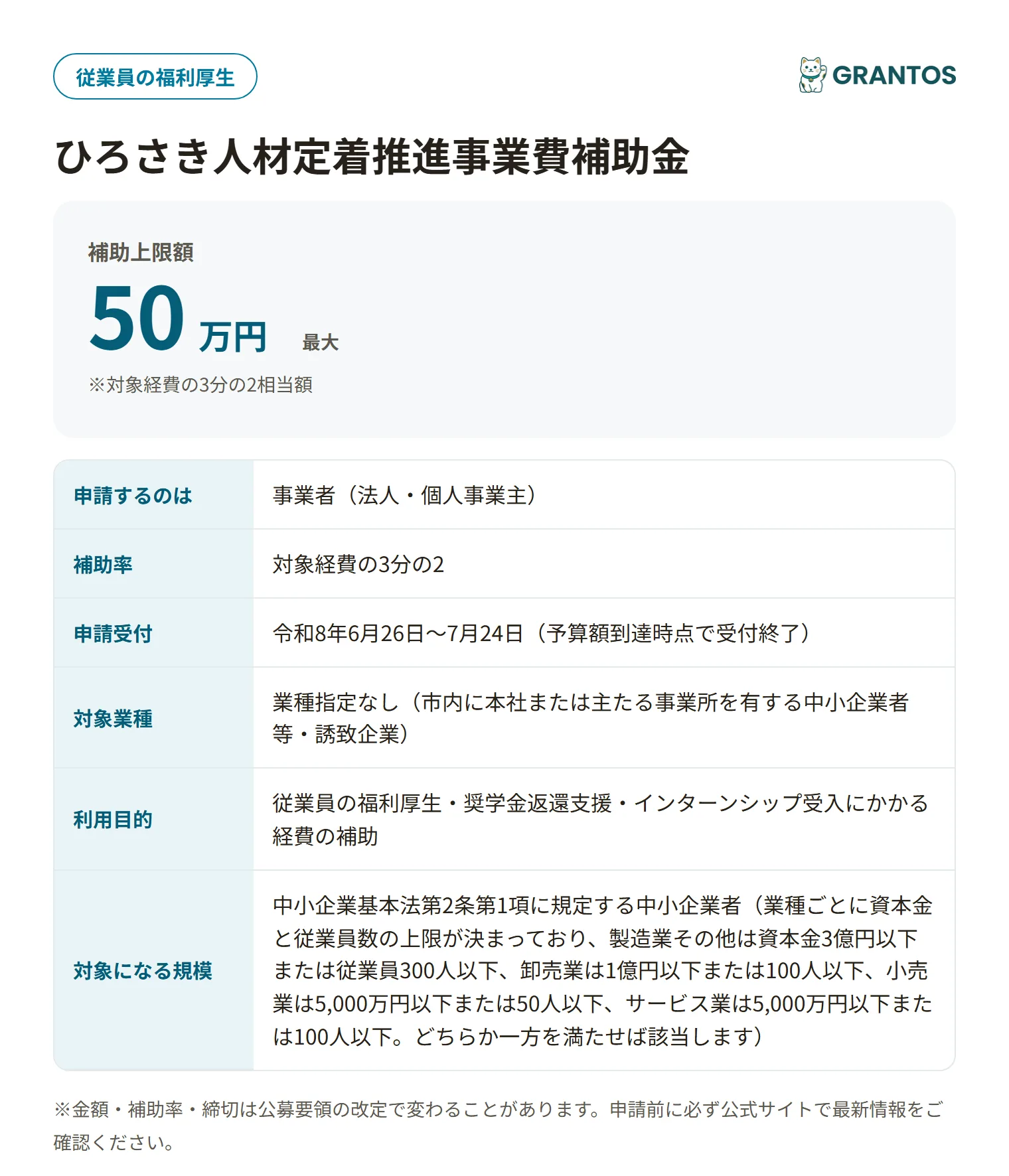 ひろさき人材定着推進事業費補助金の対象・金額・締切の概要