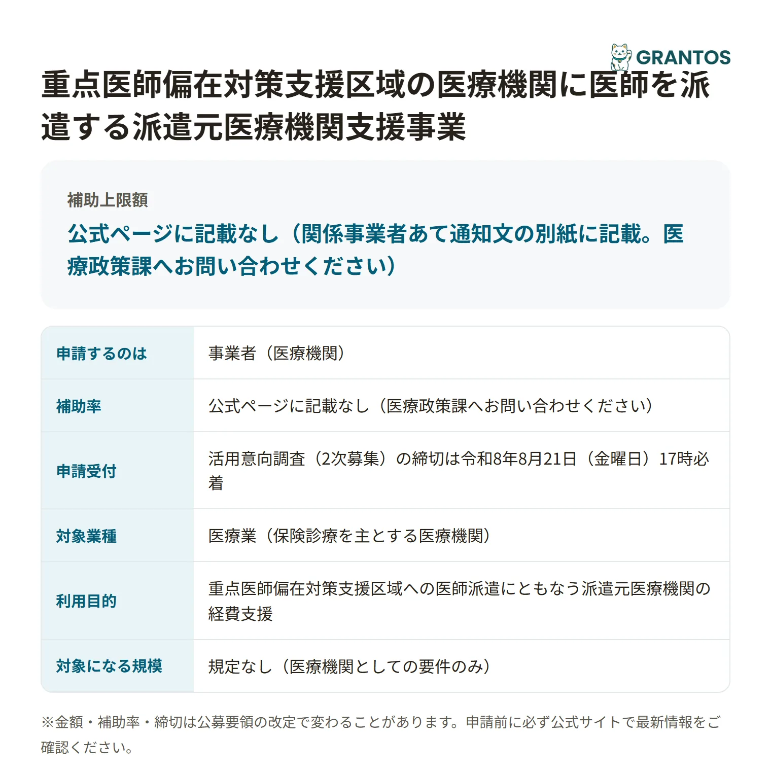 医師派遣支援事業の対象・金額・締切の概要