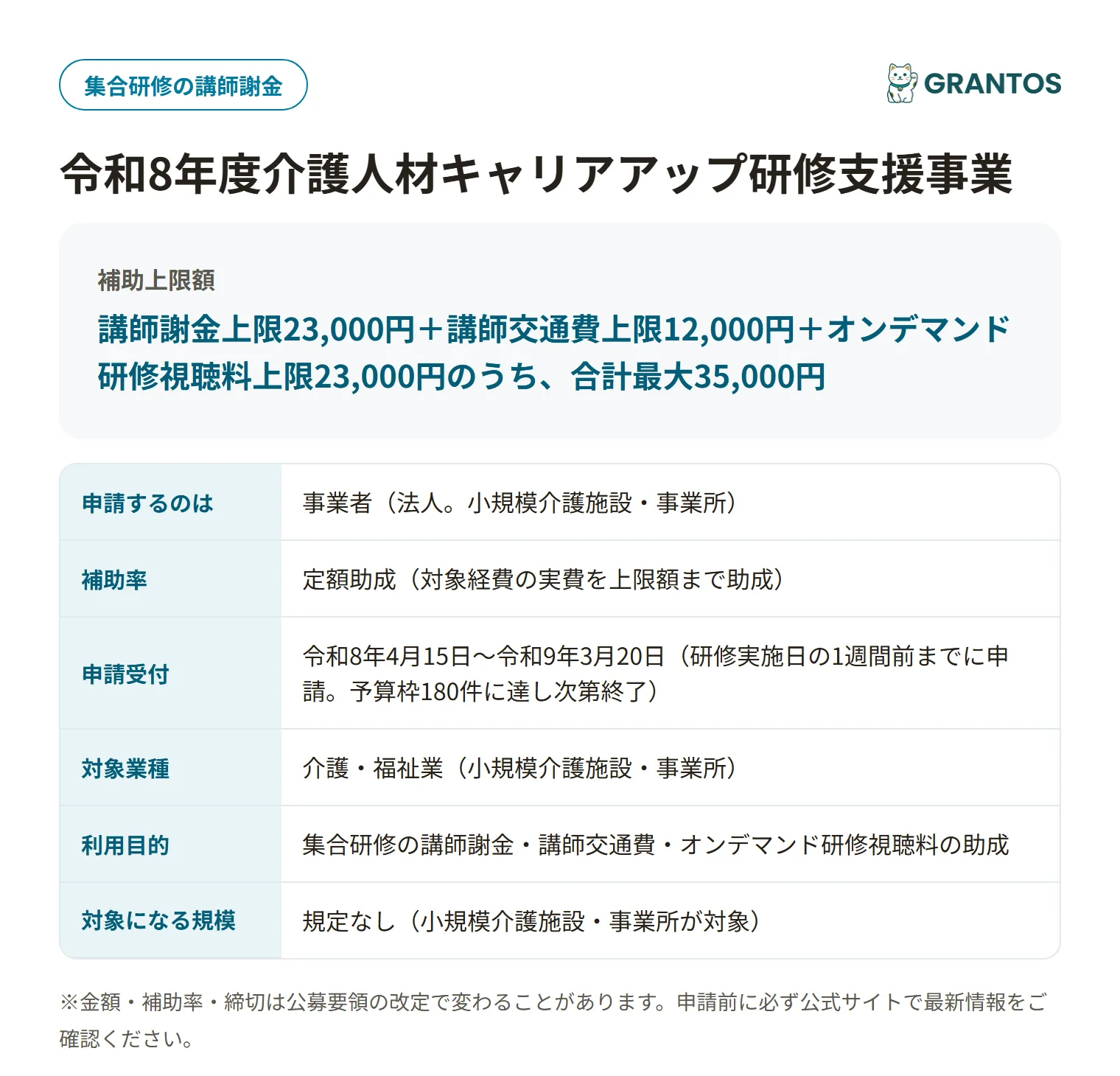 介護人材キャリアアップ研修支援事業（出前講座）の対象・金額・締切の概要