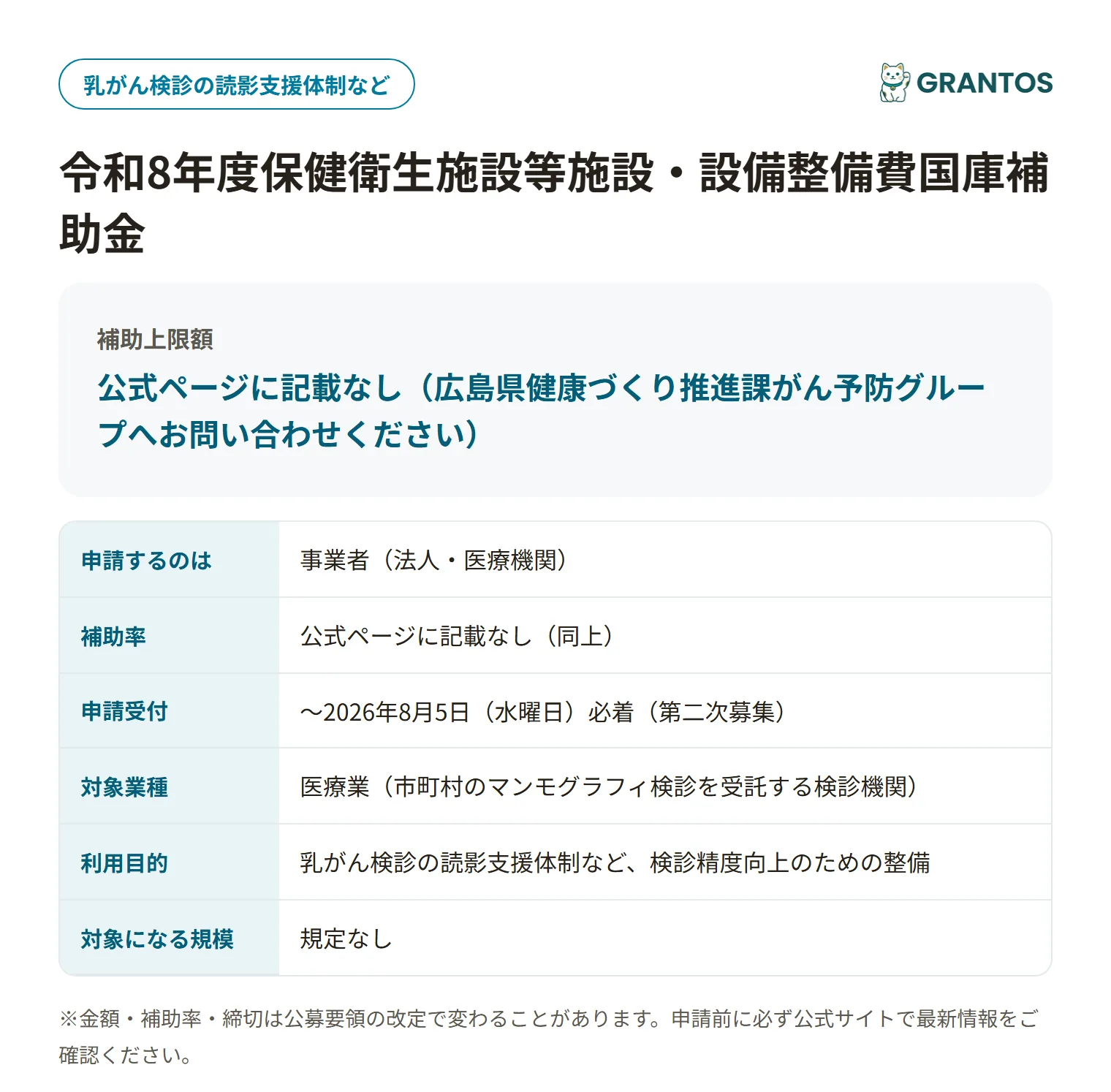 マンモグラフィ検診精度向上事業補助金の対象・金額・締切の概要