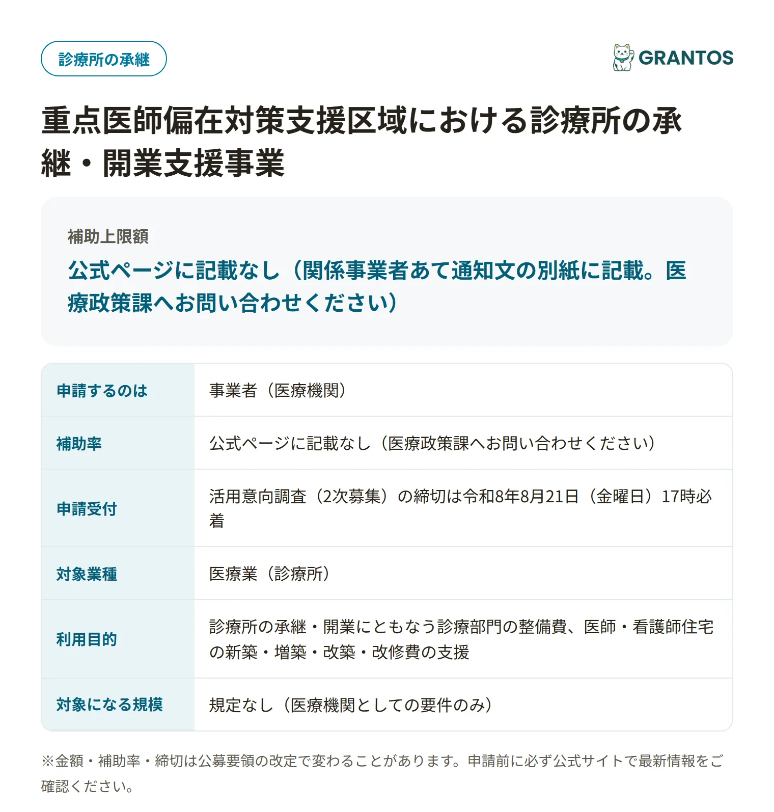 診療所承継・開業支援事業の対象・金額・締切の概要