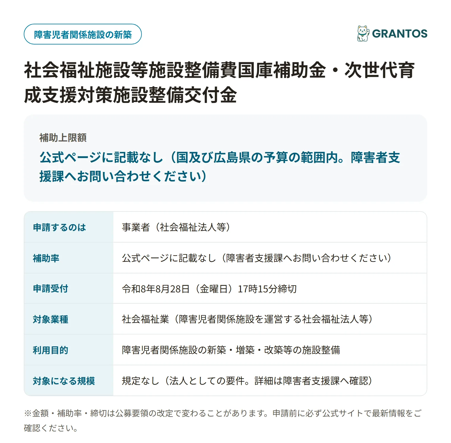 障害児者施設整備費補助金の対象・金額・締切の概要