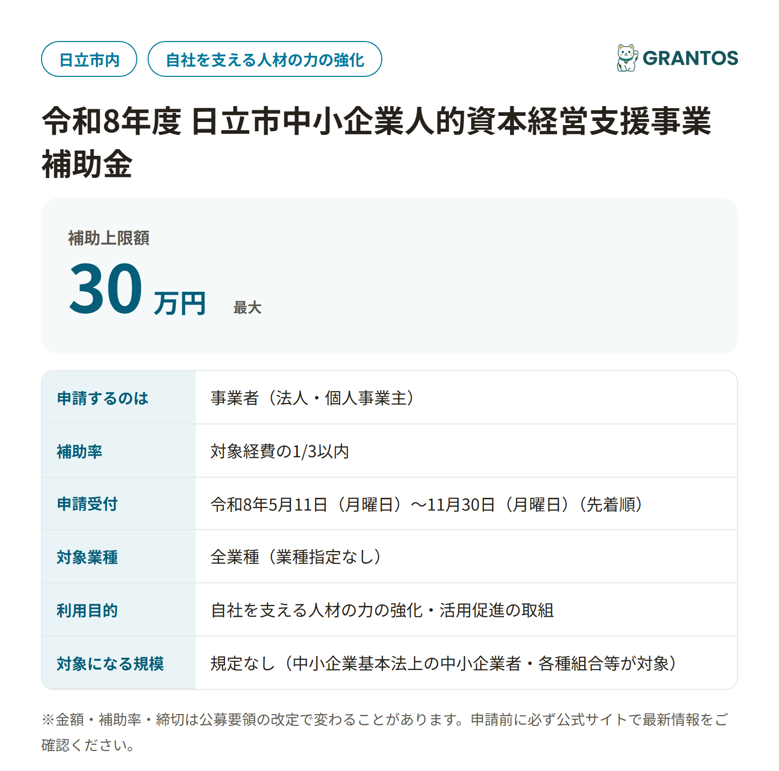 日立市中小企業人的資本経営支援事業補助金の対象・金額・締切の概要