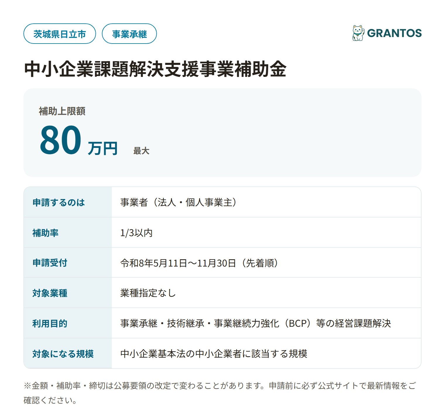 日立市中小企業課題解決支援事業補助金の対象・金額・締切の概要