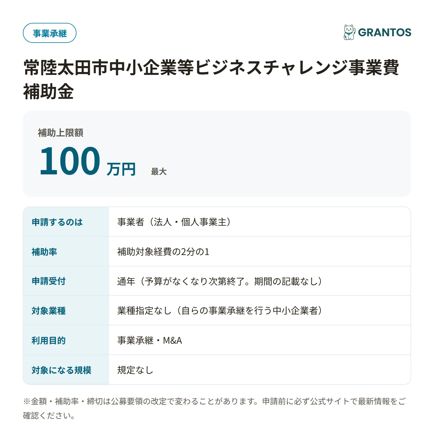 常陸太田市事業承継支援事業補助金の対象・金額・締切の概要