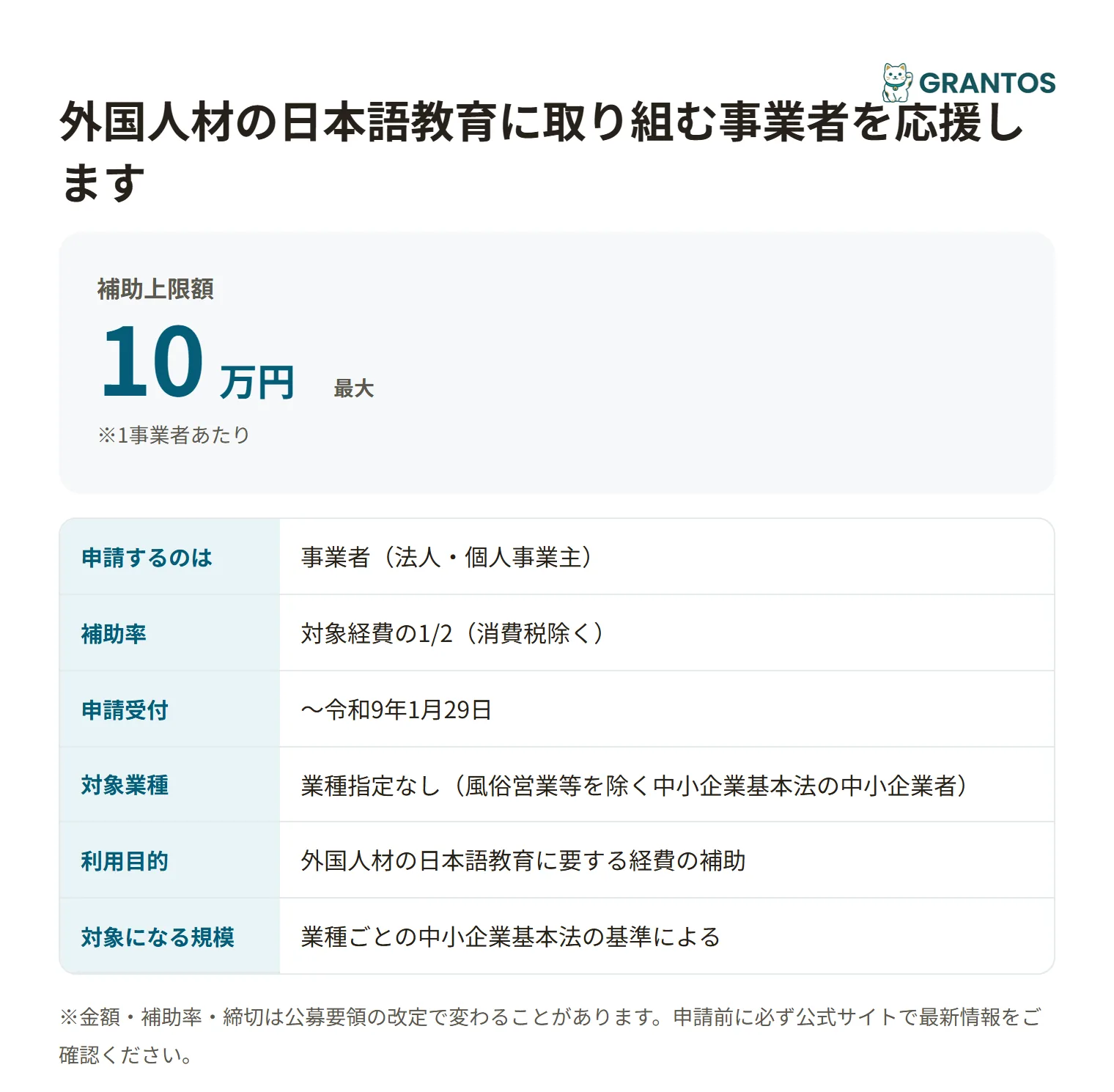 防府市外国人材日本語教育補助金の対象・金額・締切の概要