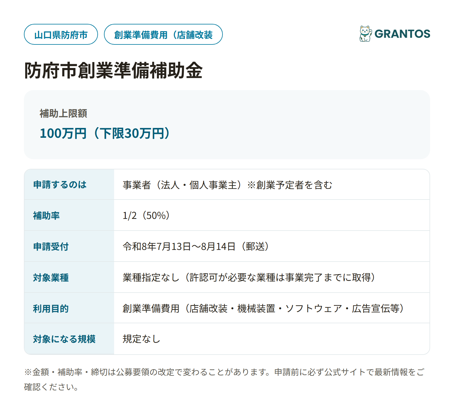 防府市創業準備補助金の対象・金額・締切の概要