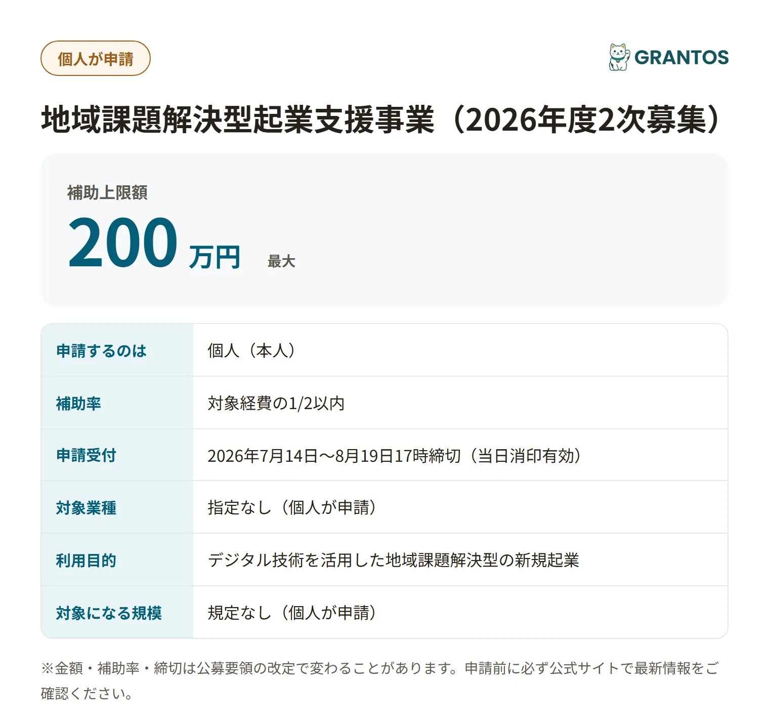 北海道地域課題解決型起業支援事業の対象・金額・締切の概要