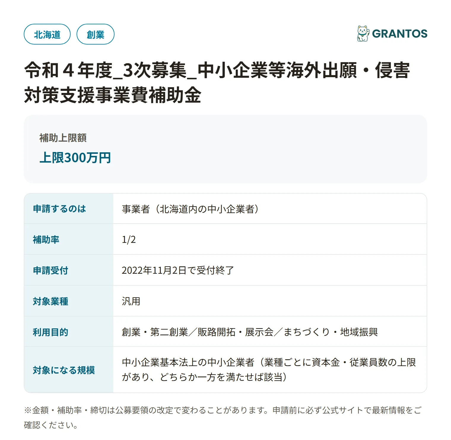 中小企業等外国出願支援事業（北海道）の対象・金額・締切の概要