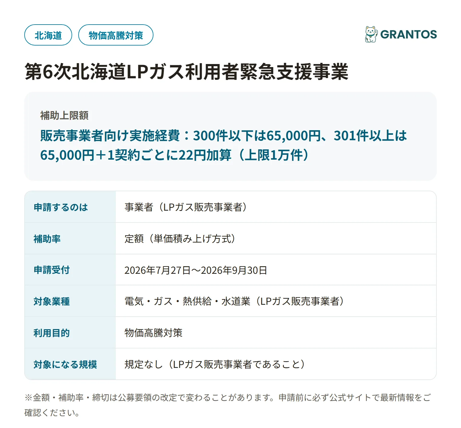第6次北海道LPガス利用者緊急支援事業の対象・金額・締切の概要