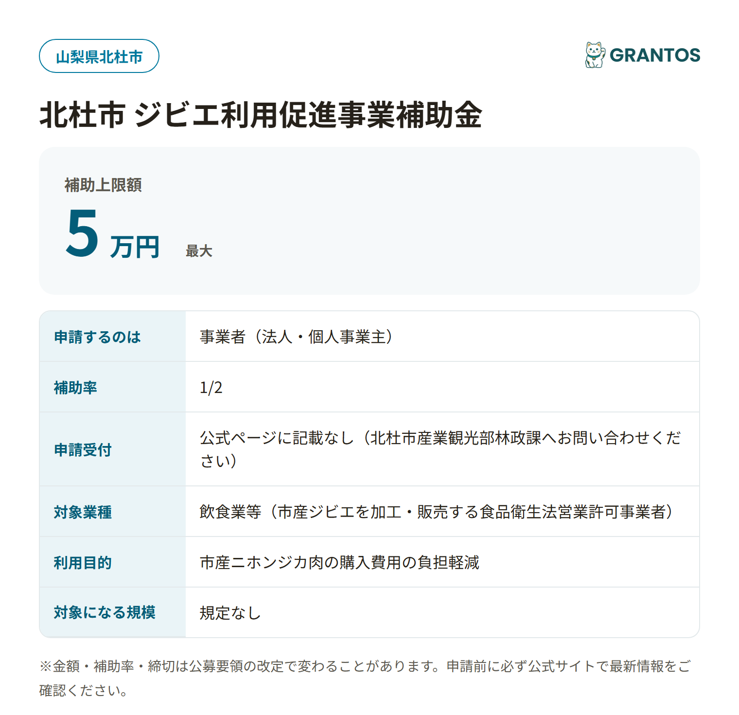 北杜市ジビエ利用促進事業補助金の対象・金額・締切の概要