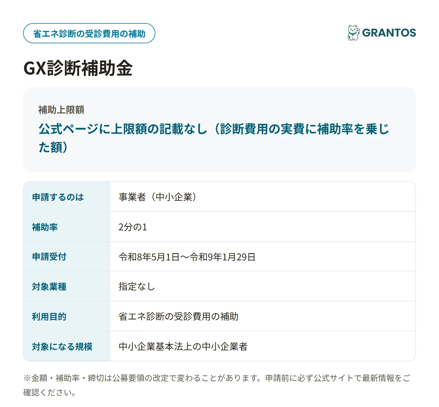 GX診断補助金の対象・金額・締切の概要