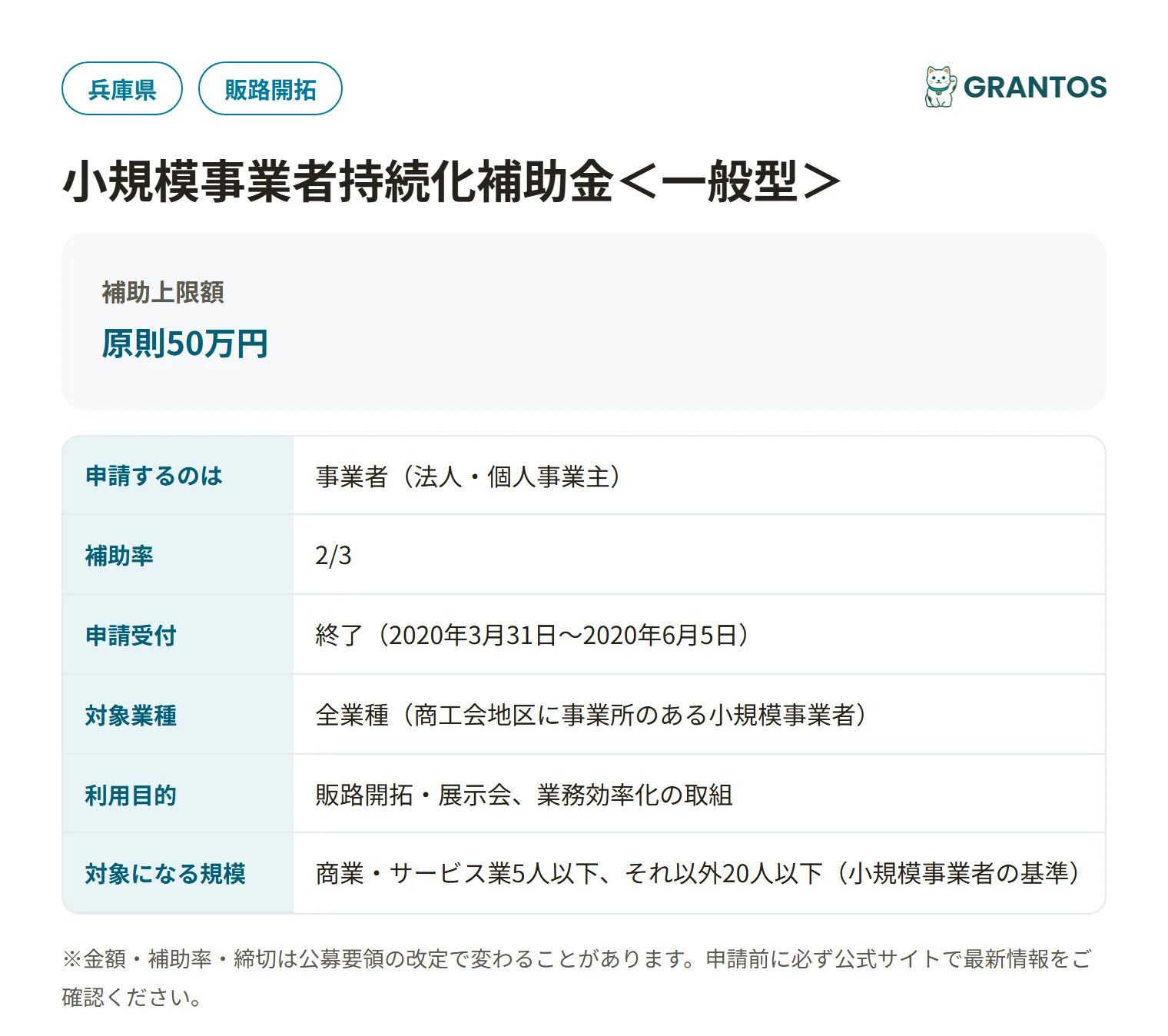 小規模事業者持続化補助金＜一般型＞の対象・金額・締切の概要